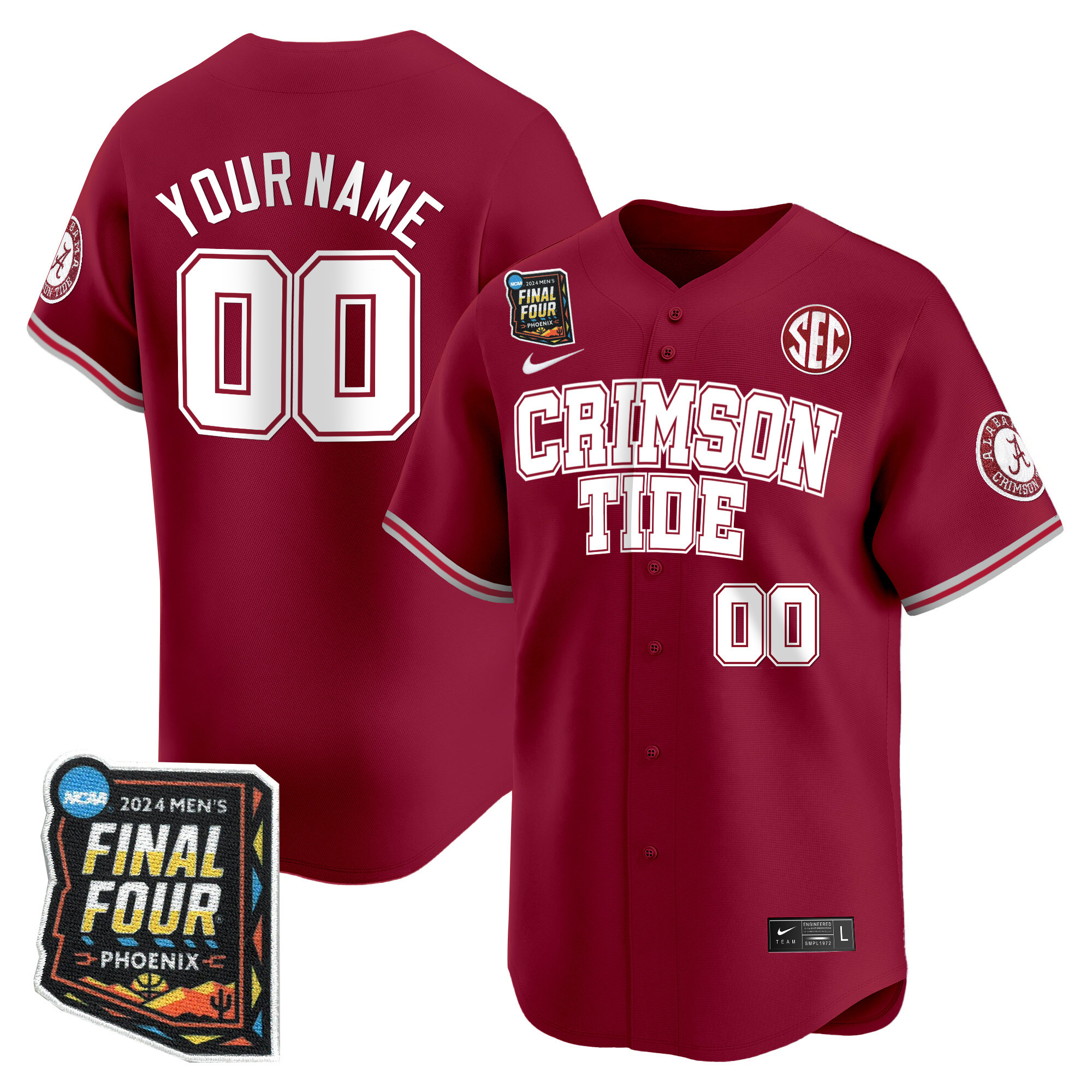 Alabama Crimson Tide Final Four Patch Baseball Custom Jersey - All Stitched