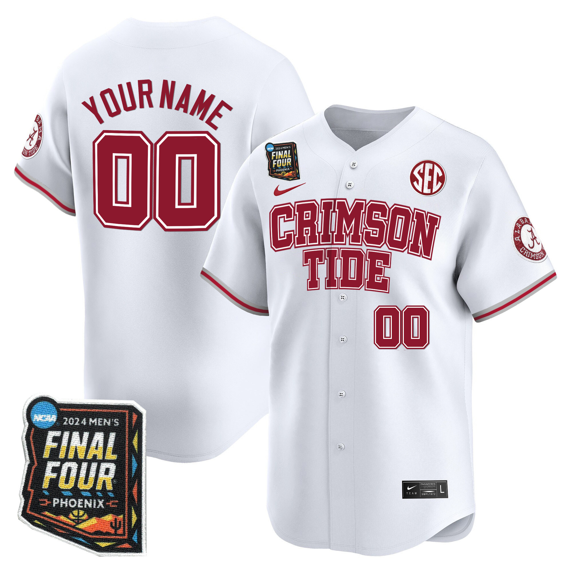 Alabama Crimson Tide Final Four Patch Baseball Custom Jersey - All Stitched