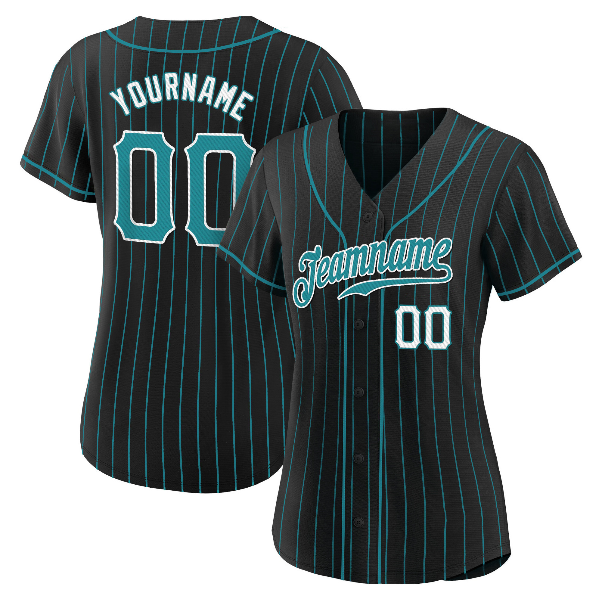Black Aqua Pinstripe Teal-White Custom Baseball Jersey