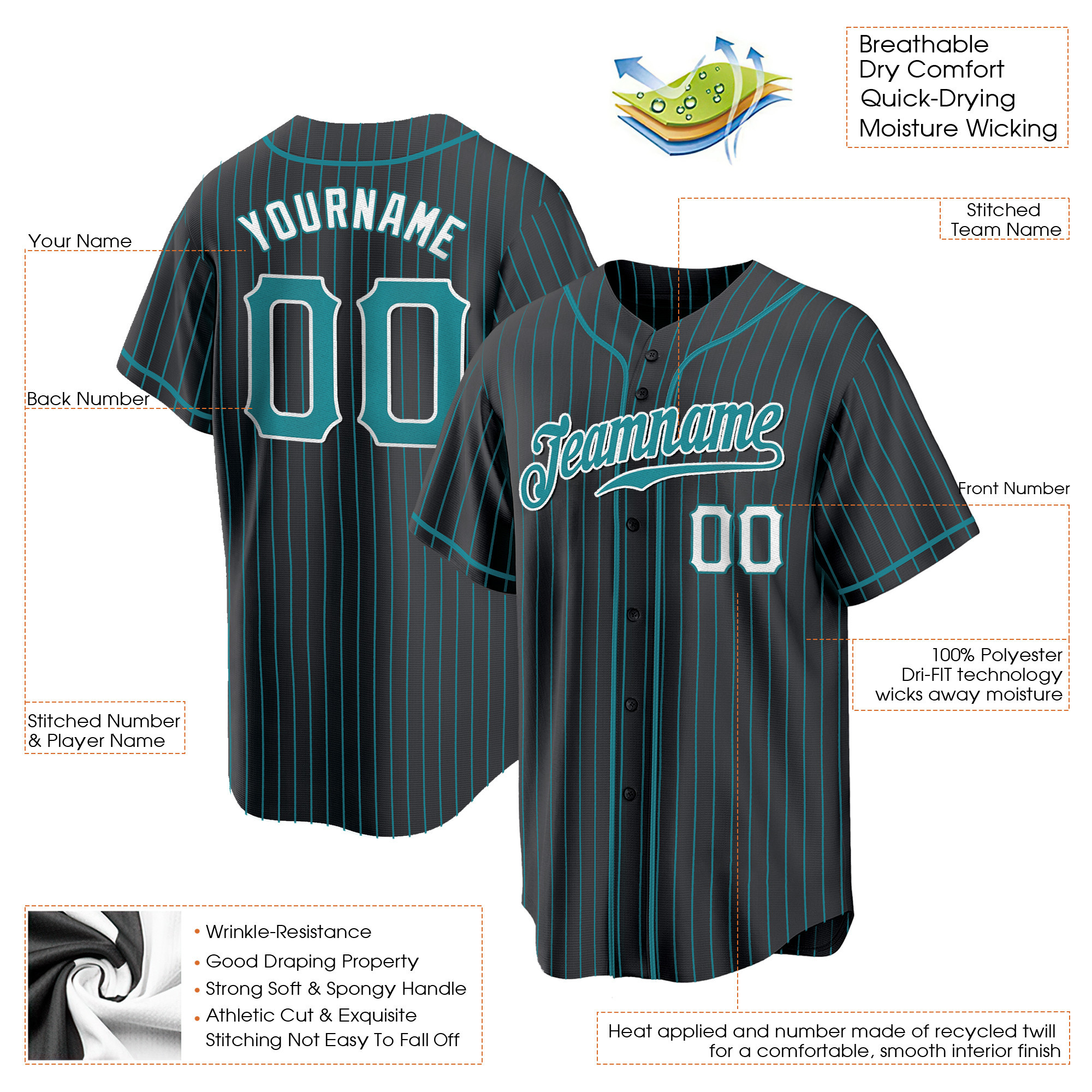 Black Aqua Pinstripe Teal-White Custom Baseball Jersey