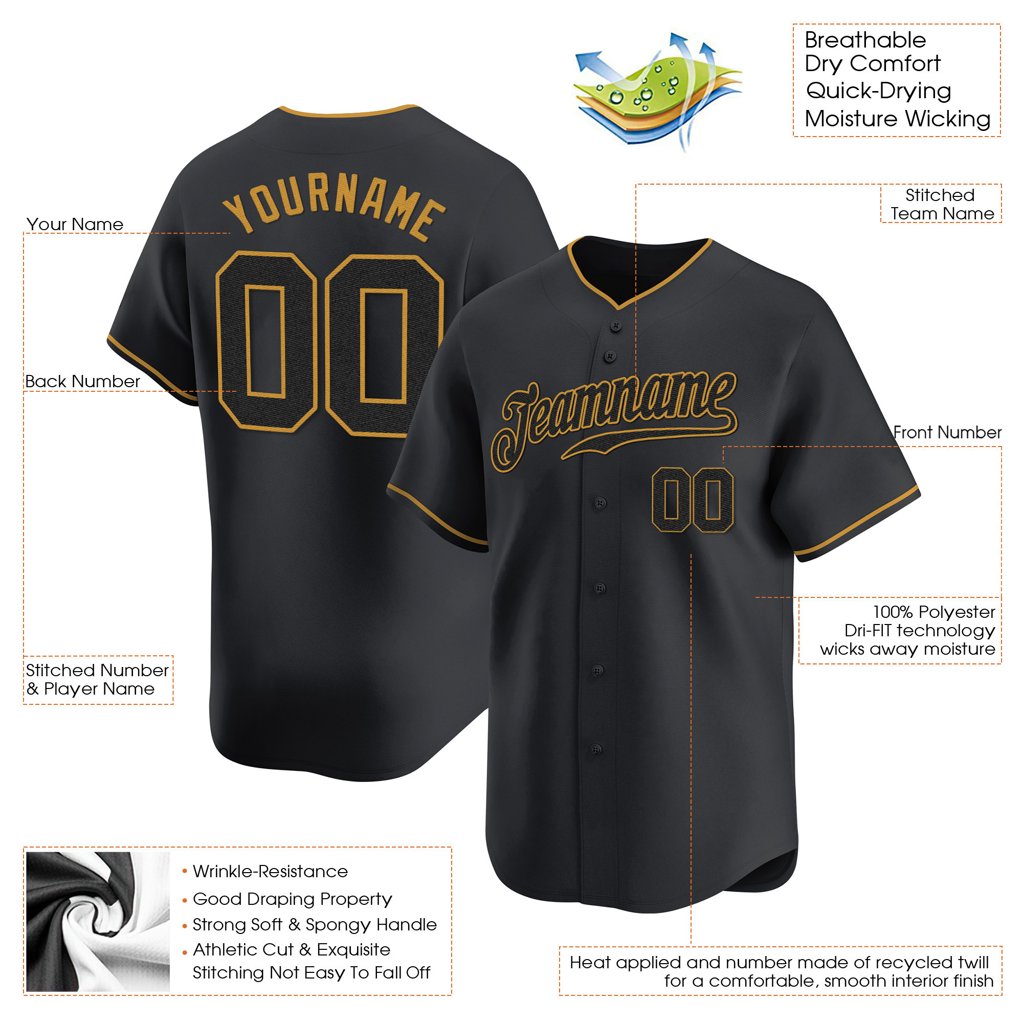 Black Black - Old Gold Custom Baseball Jersey