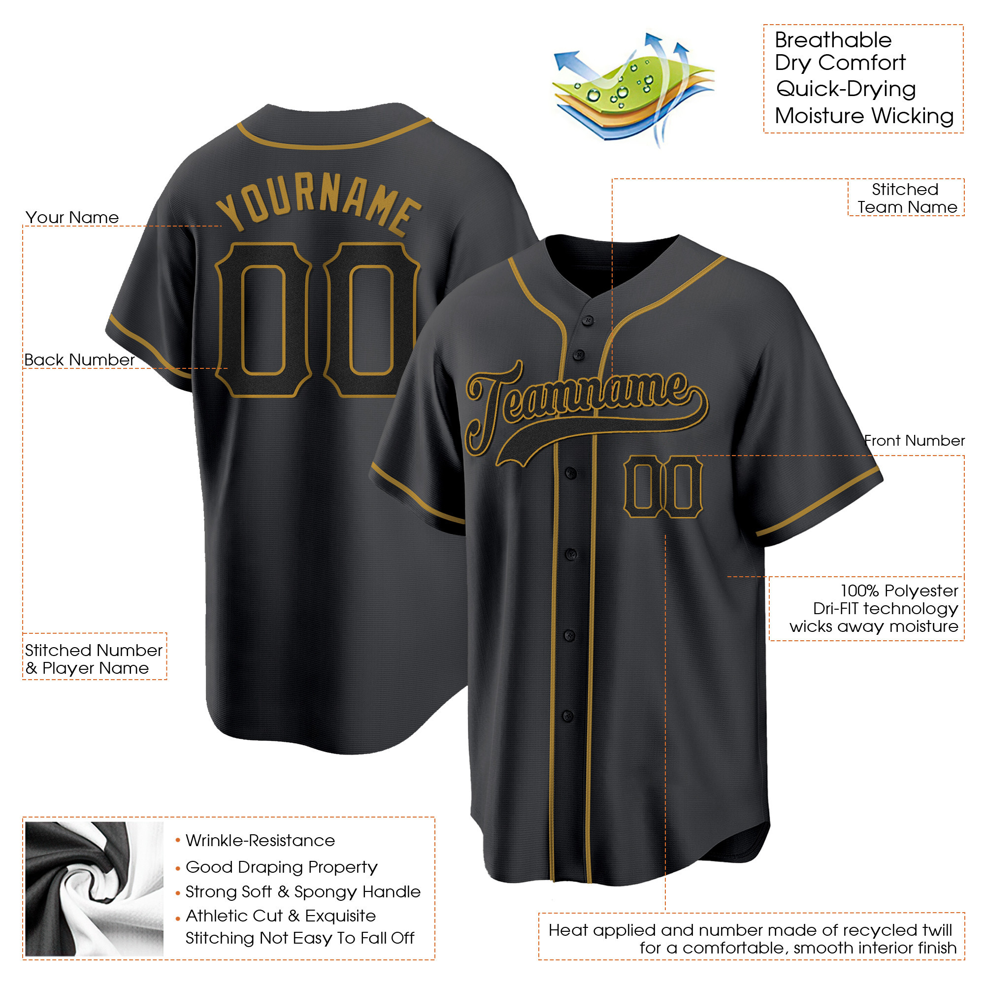 Black Black - Old Gold Custom Baseball Jersey