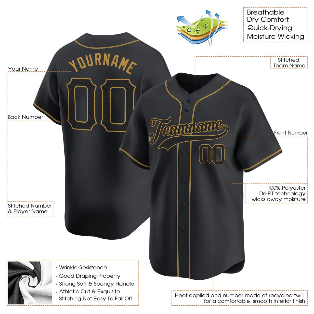 Black Black-Old Gold Custom Baseball Jersey