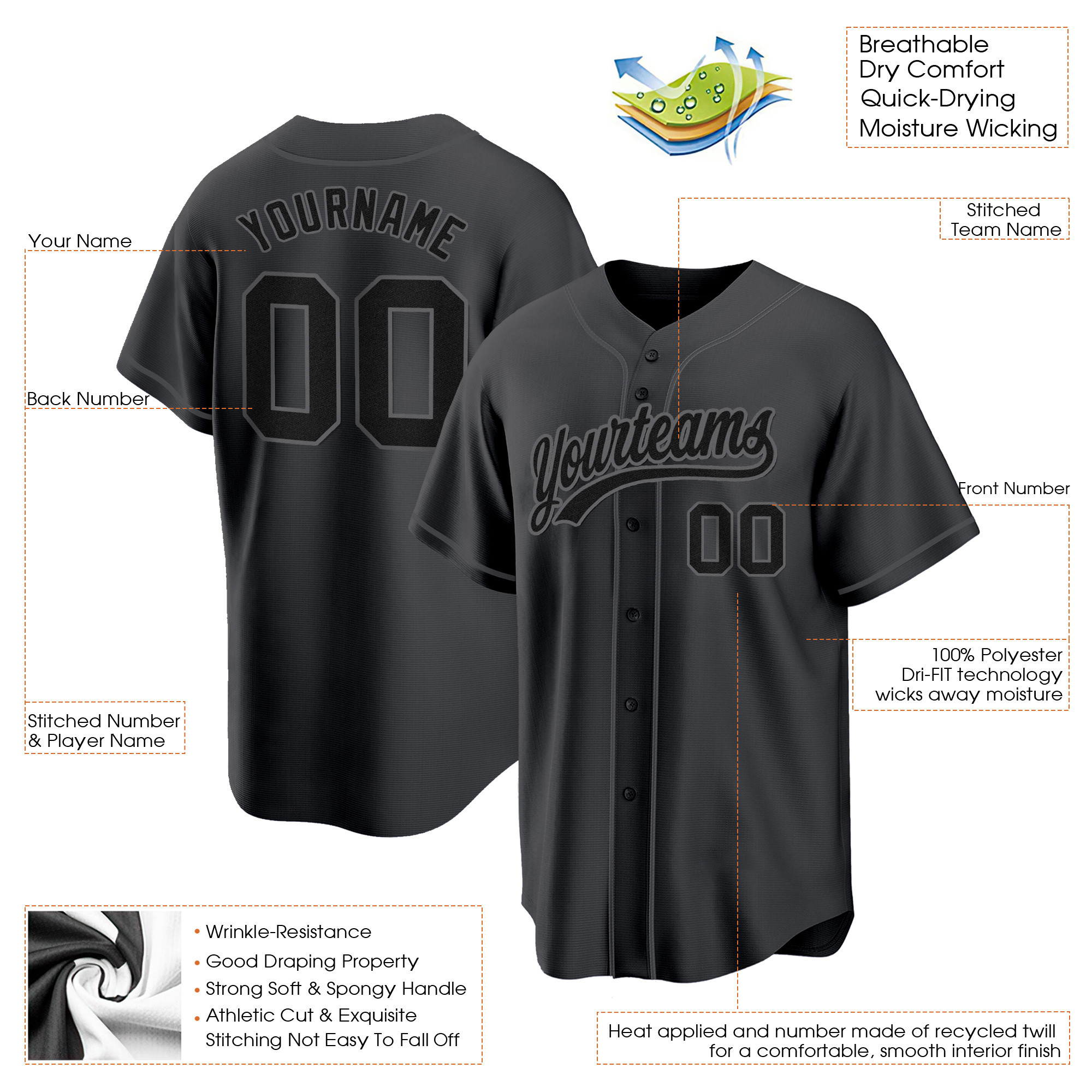 Black Black-Steel Gray Custom Baseball Jersey