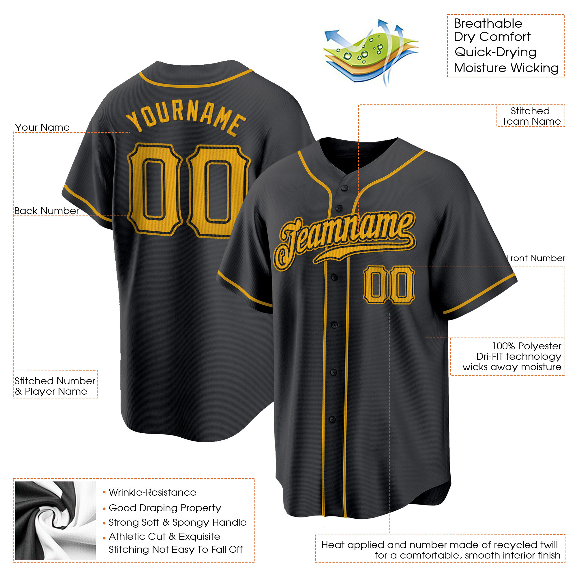 Black Gold Custom Baseball Jersey
