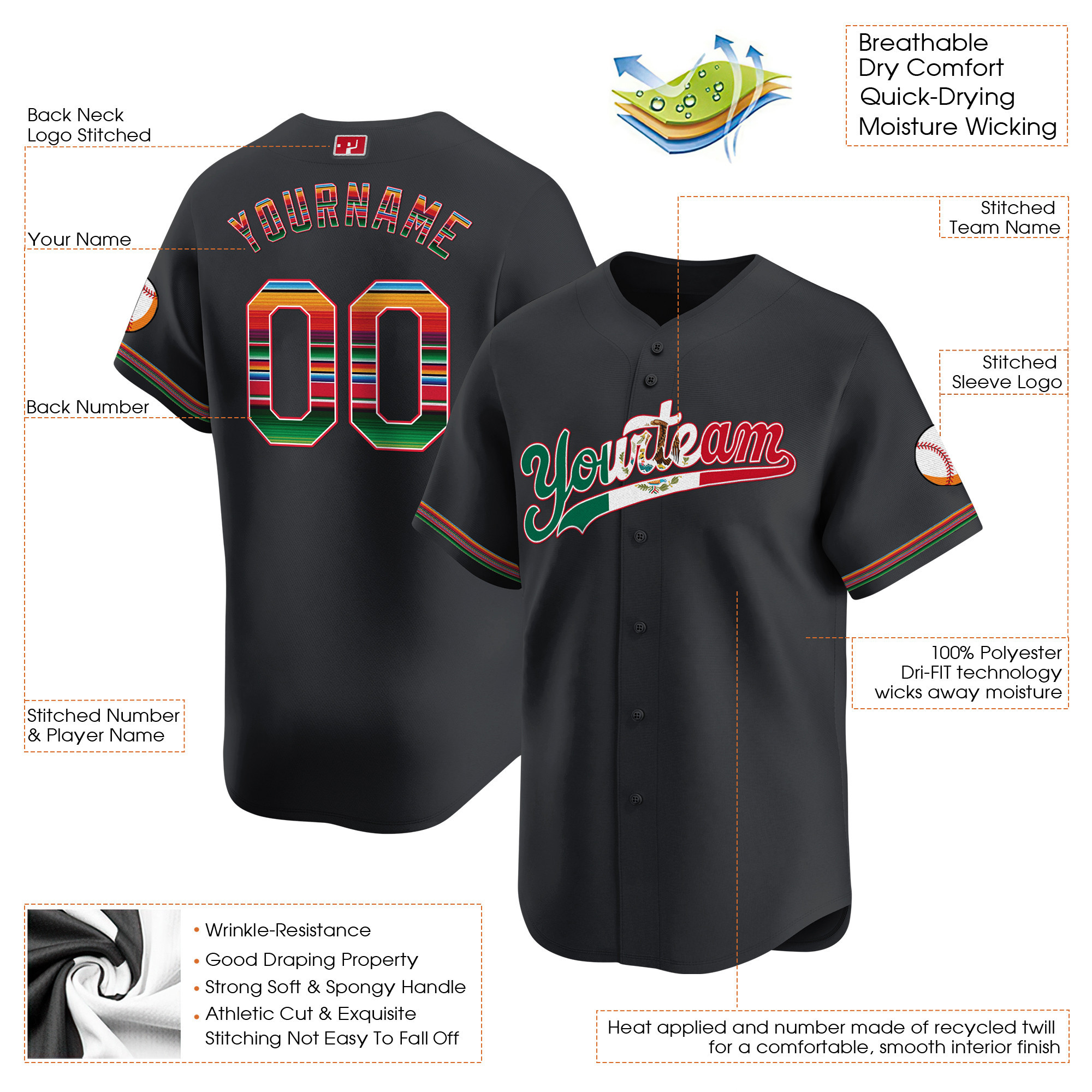 Black Mexico Flag Custom Baseball Jersey