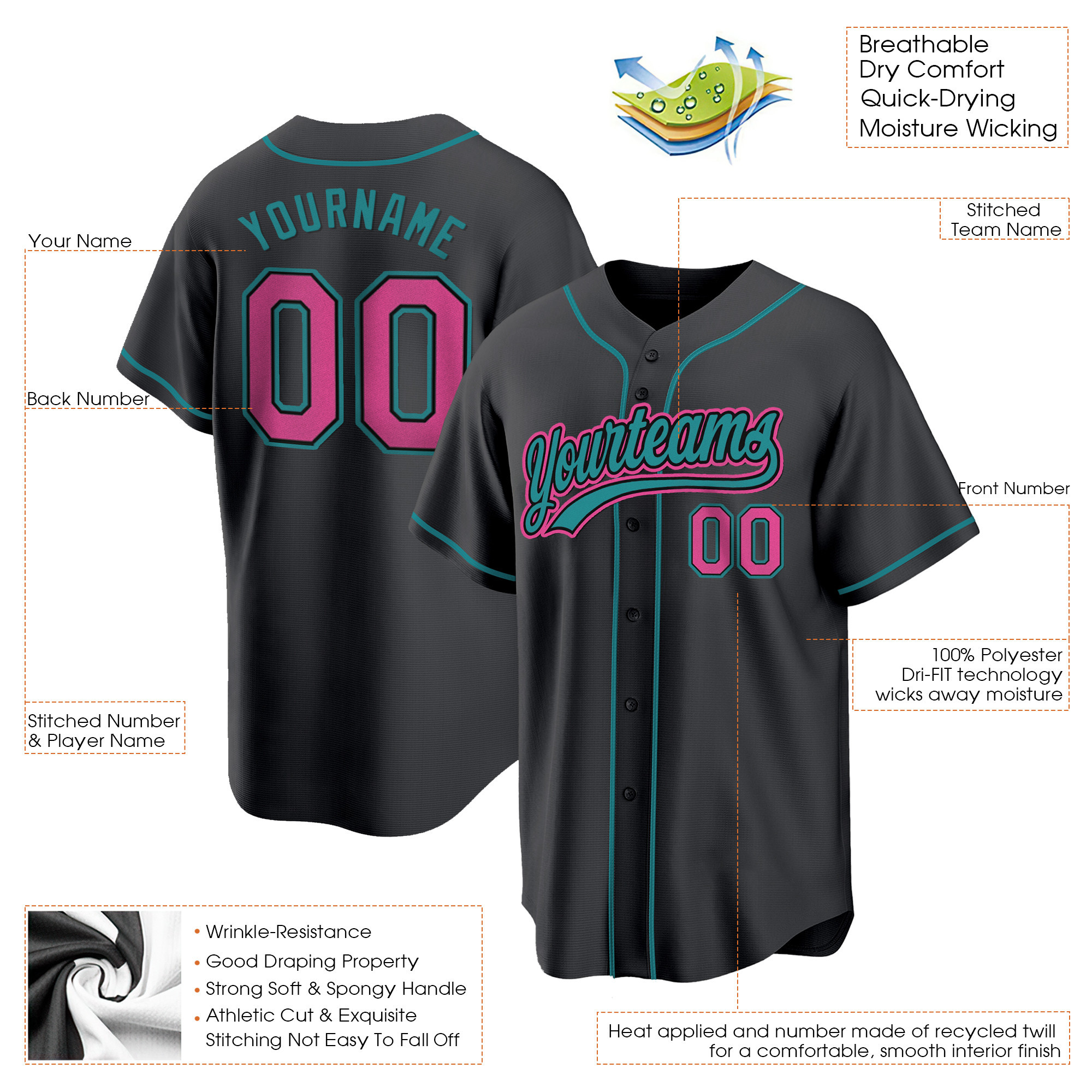 Black Pink-Teal Custom Baseball Jersey