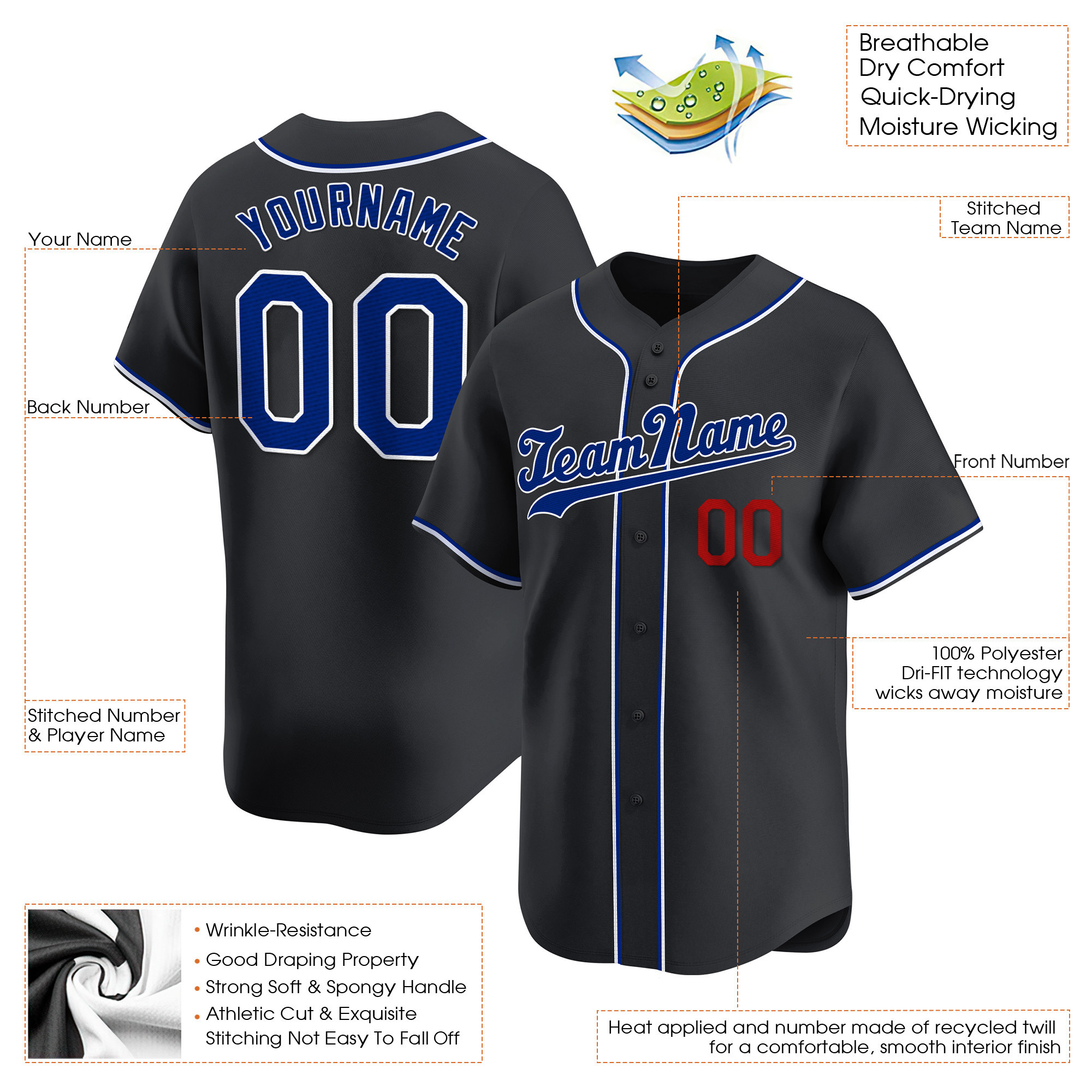 Black Royal-Red Custom Baseball Jersey