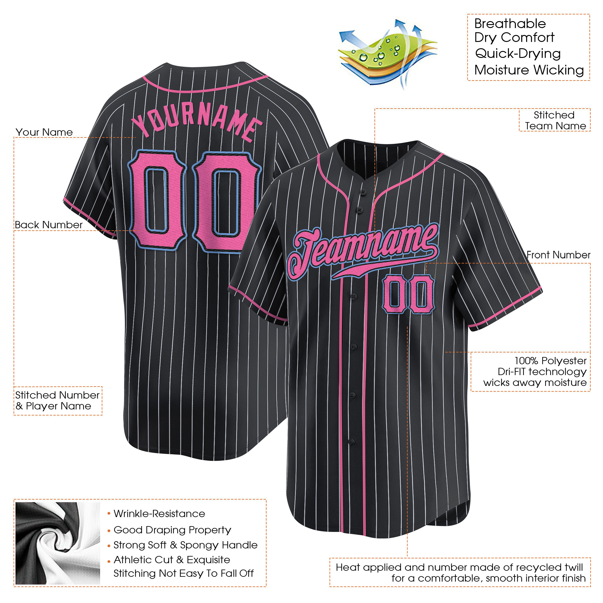Black White Pinstripe Pink-Light Blue Custom Baseball Jersey