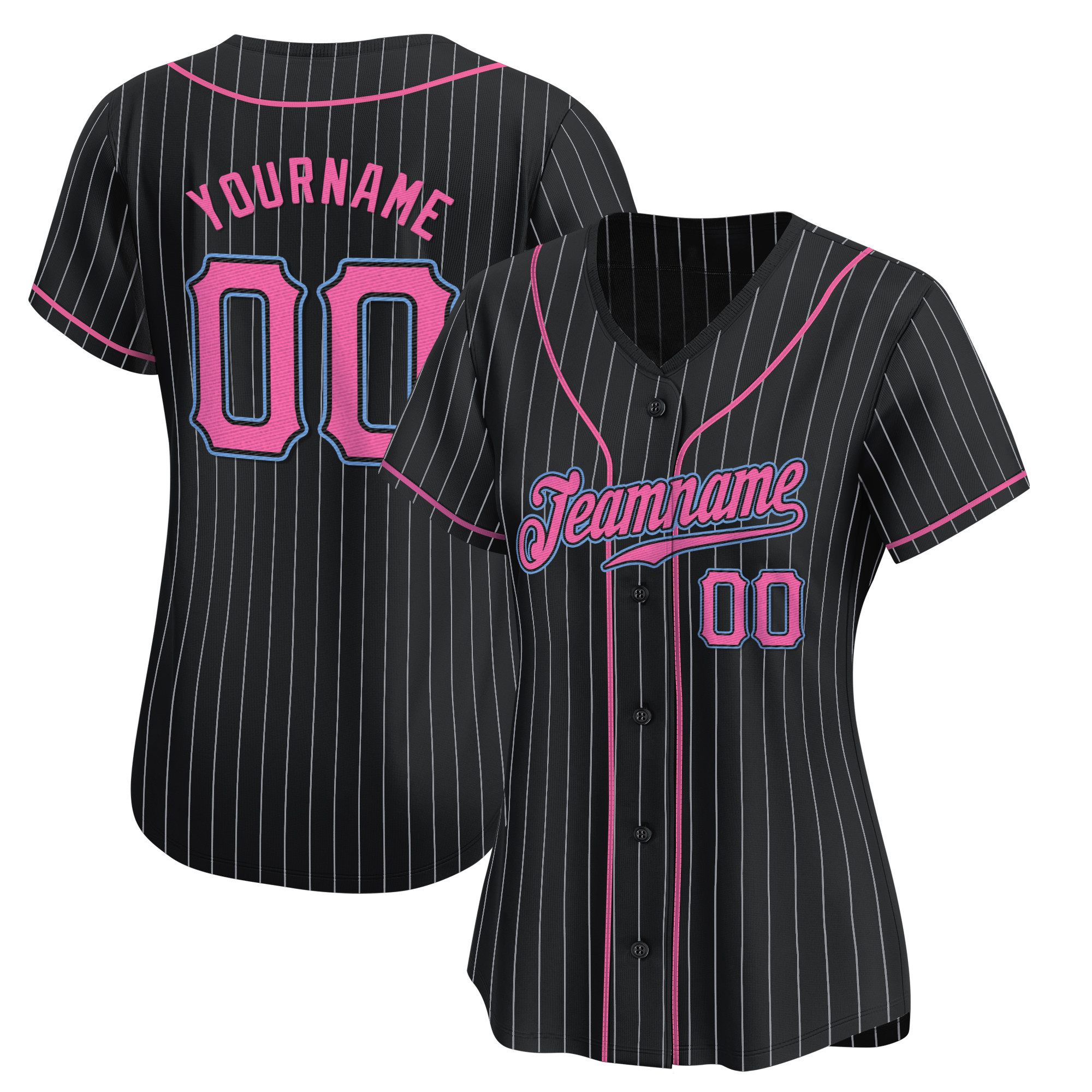 Black White Pinstripe Pink-Light Blue Custom Baseball Jersey