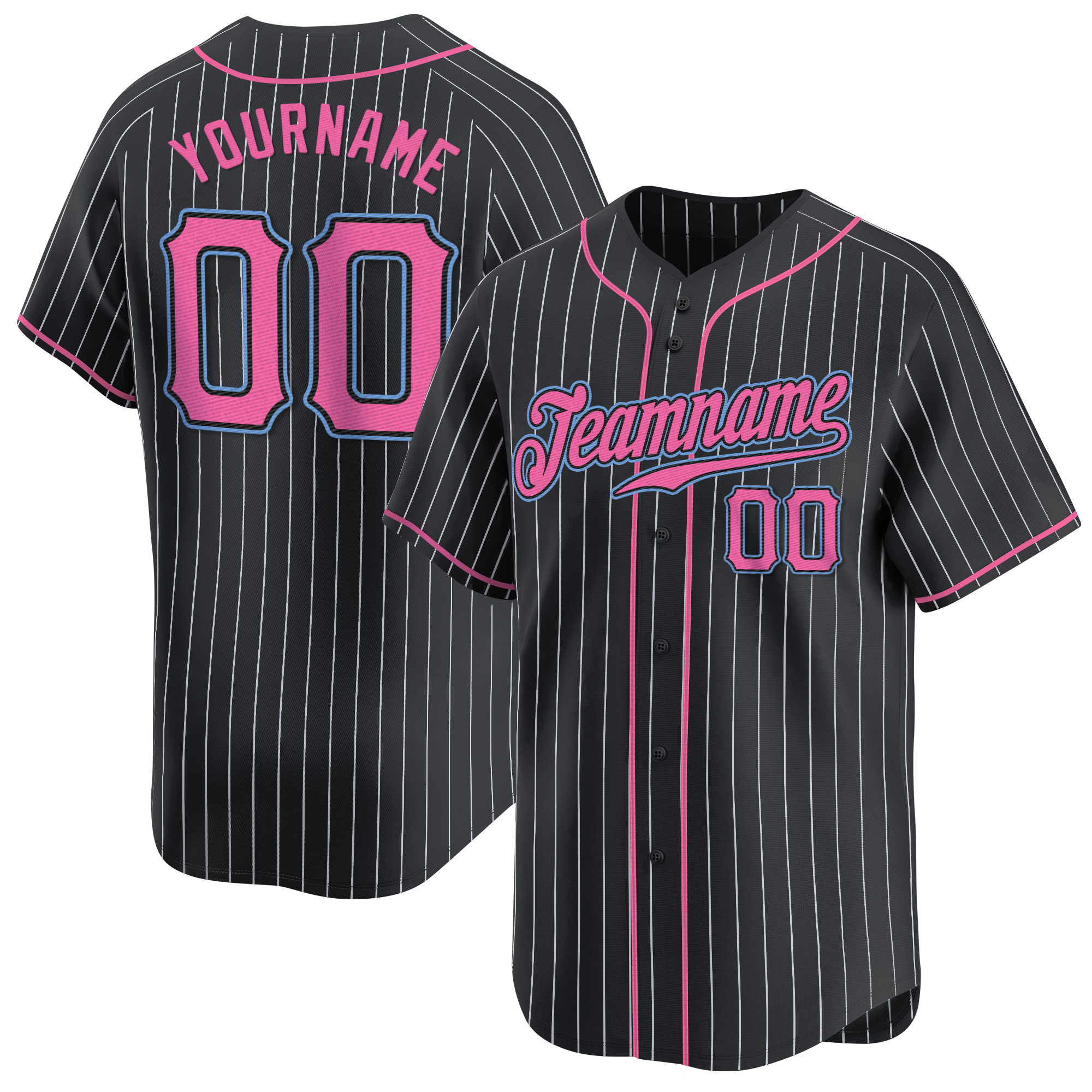 Black White Pinstripe Pink-Light Blue Custom Baseball Jersey