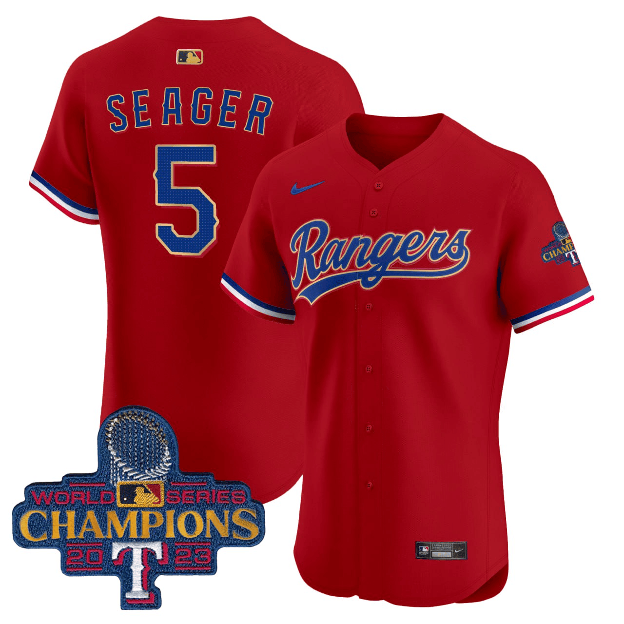 Corey Seager Texas Rangers Red 2023 World Series Champions Gold Trim Vapor Premier Elite Jersey - All Stitched