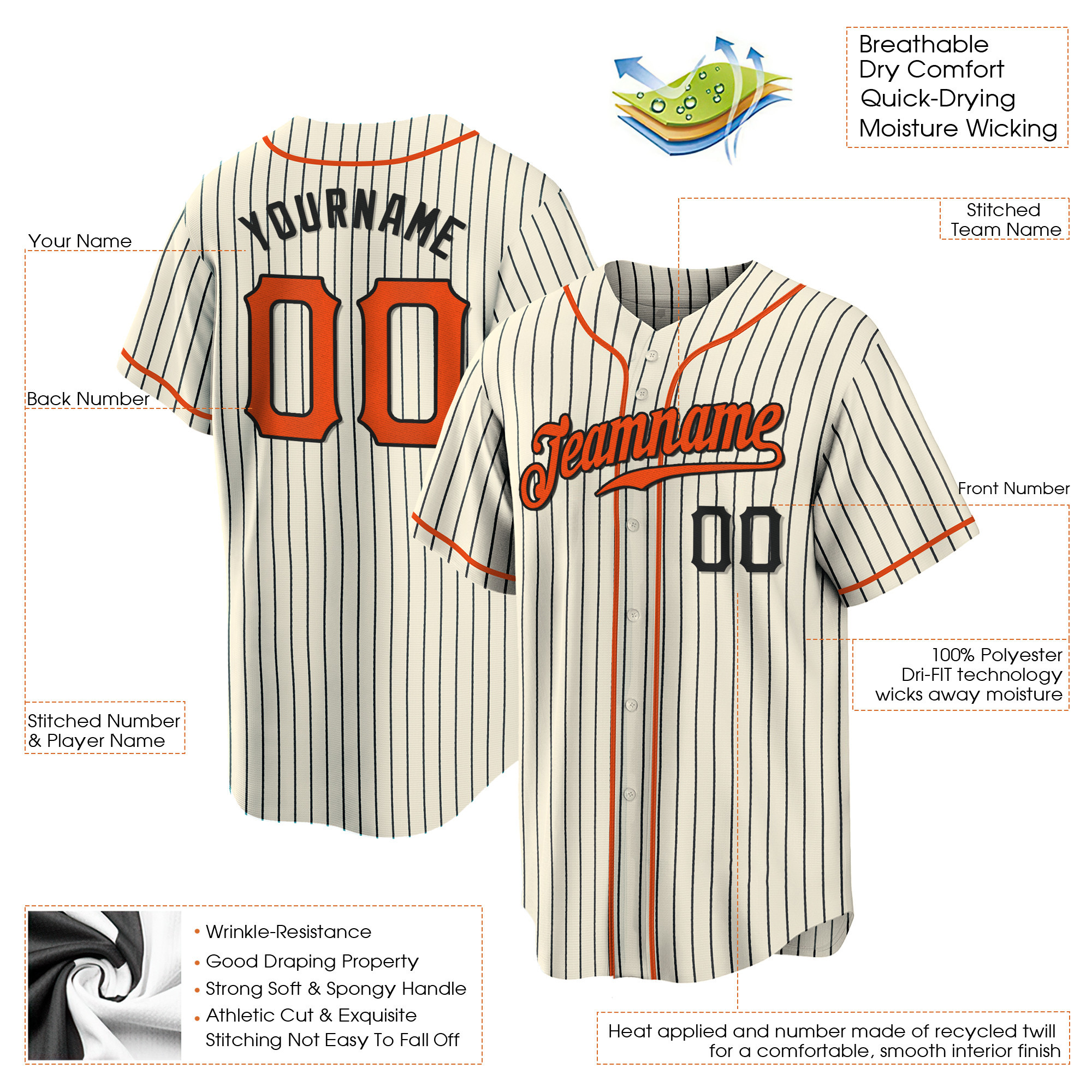 Cream Black Pinstripe Orange-Black Custom Baseball Jersey