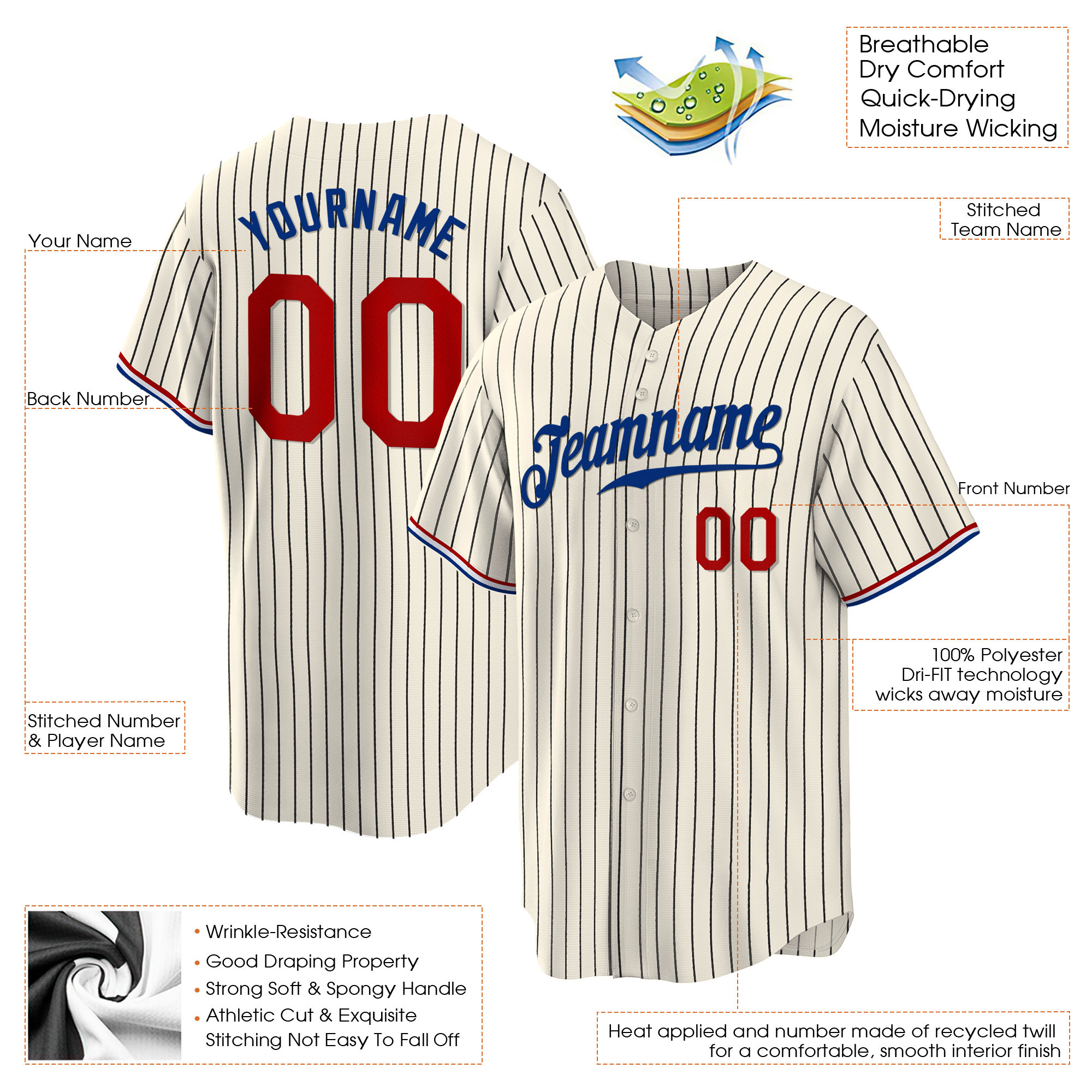 Cream Black Pinstripe Red - Royal Custom Baseball Jersey