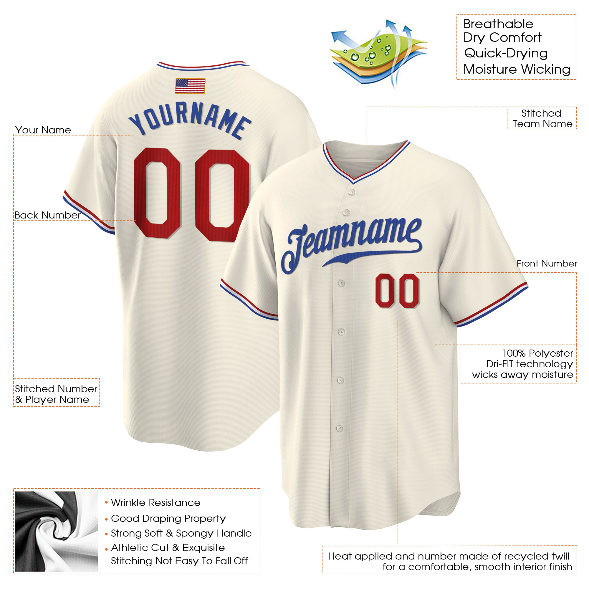 Cream Red - Royal American Flag Custom Baseball Jersey