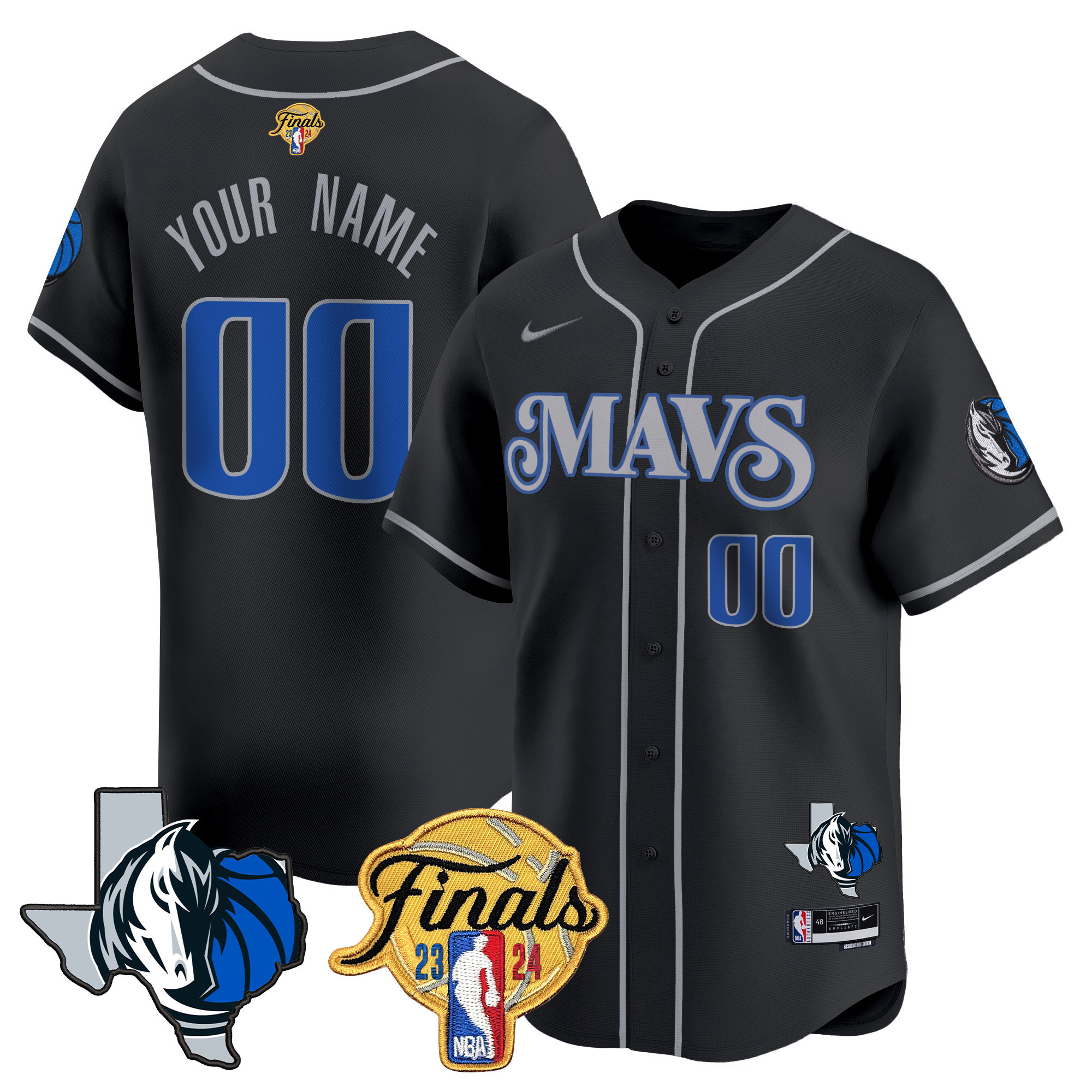 Dallas Mavericks 2024 Finals & Texas Patch Baseball Custom Jersey - All Stitched