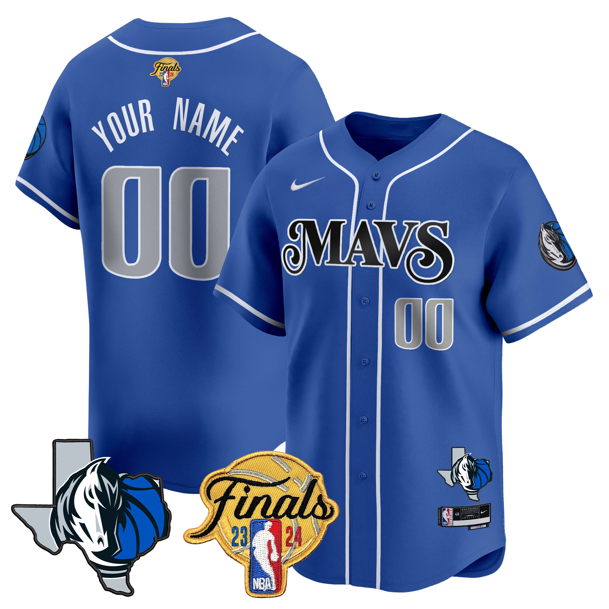 Dallas Mavericks 2024 Finals & Texas Patch Baseball Custom Jersey - All Stitched