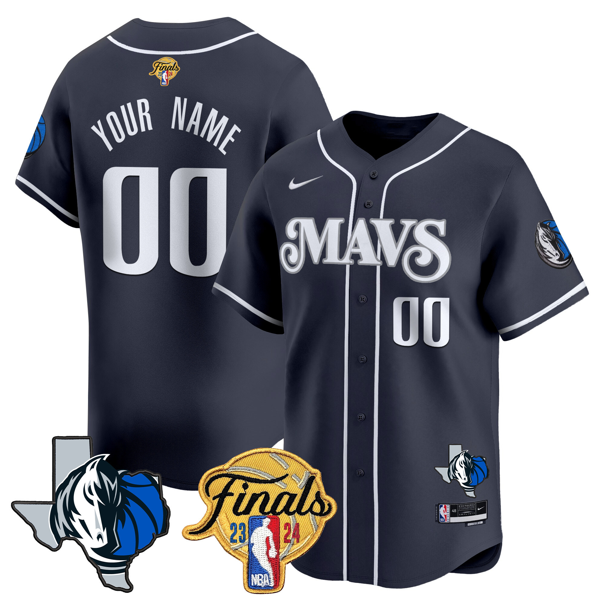 Dallas Mavericks 2024 Finals & Texas Patch Baseball Custom Jersey - All Stitched