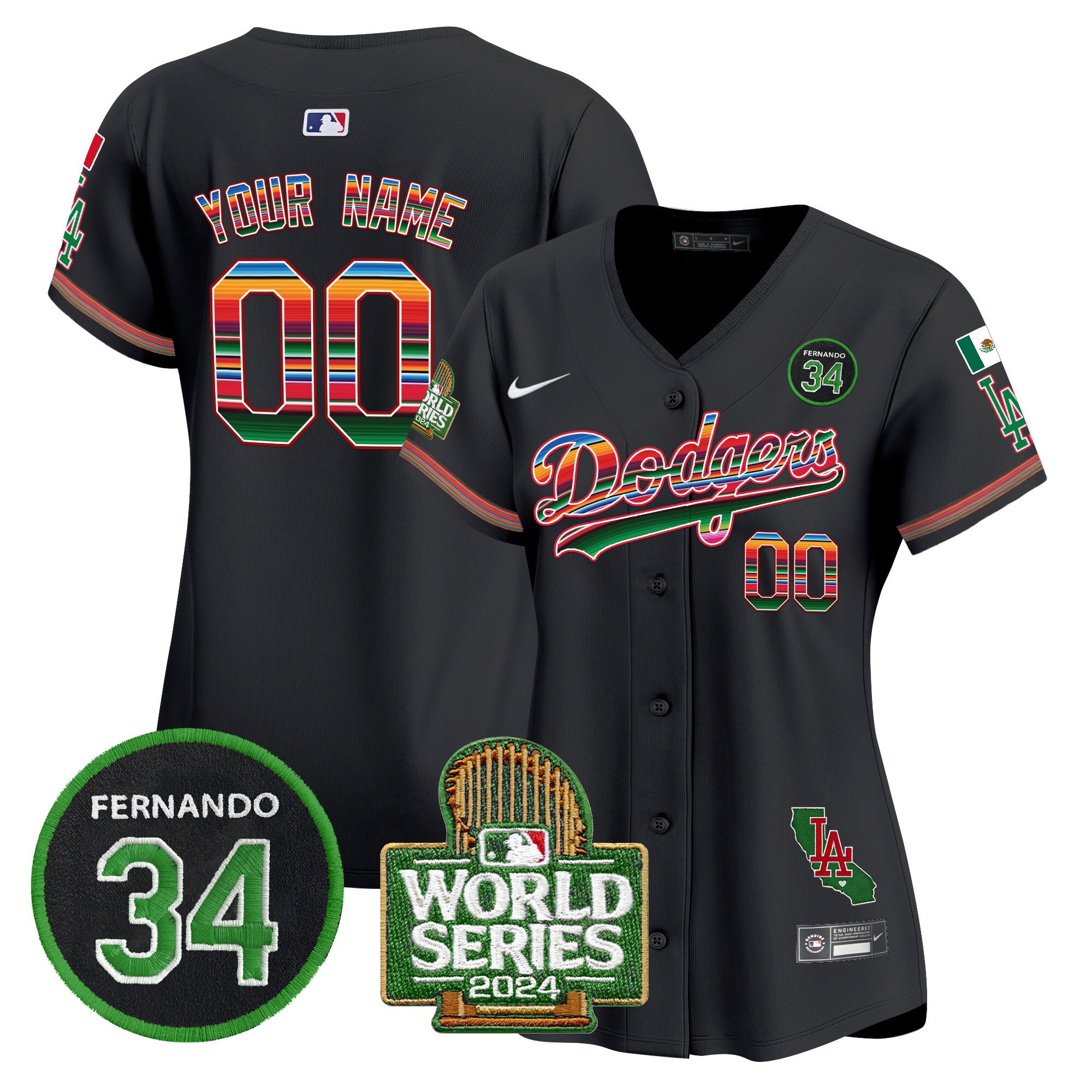 Dodgers Mexico Fernando Memorial & 2024 World Series Patch Vapor Premier Limited Custom Jersey - All Stitched
