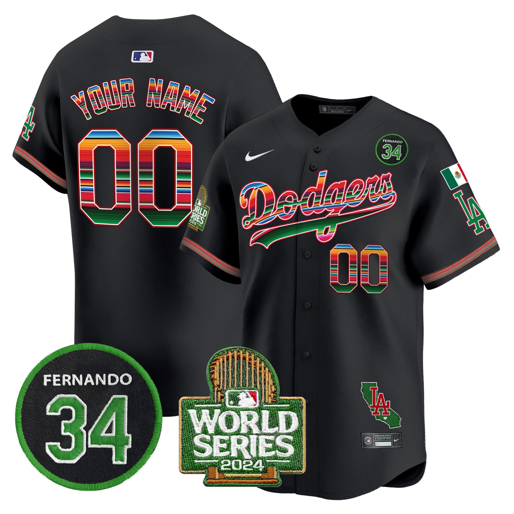 Dodgers Mexico Fernando Memorial & 2024 World Series Patch Vapor Premier Limited Custom Jersey - All Stitched