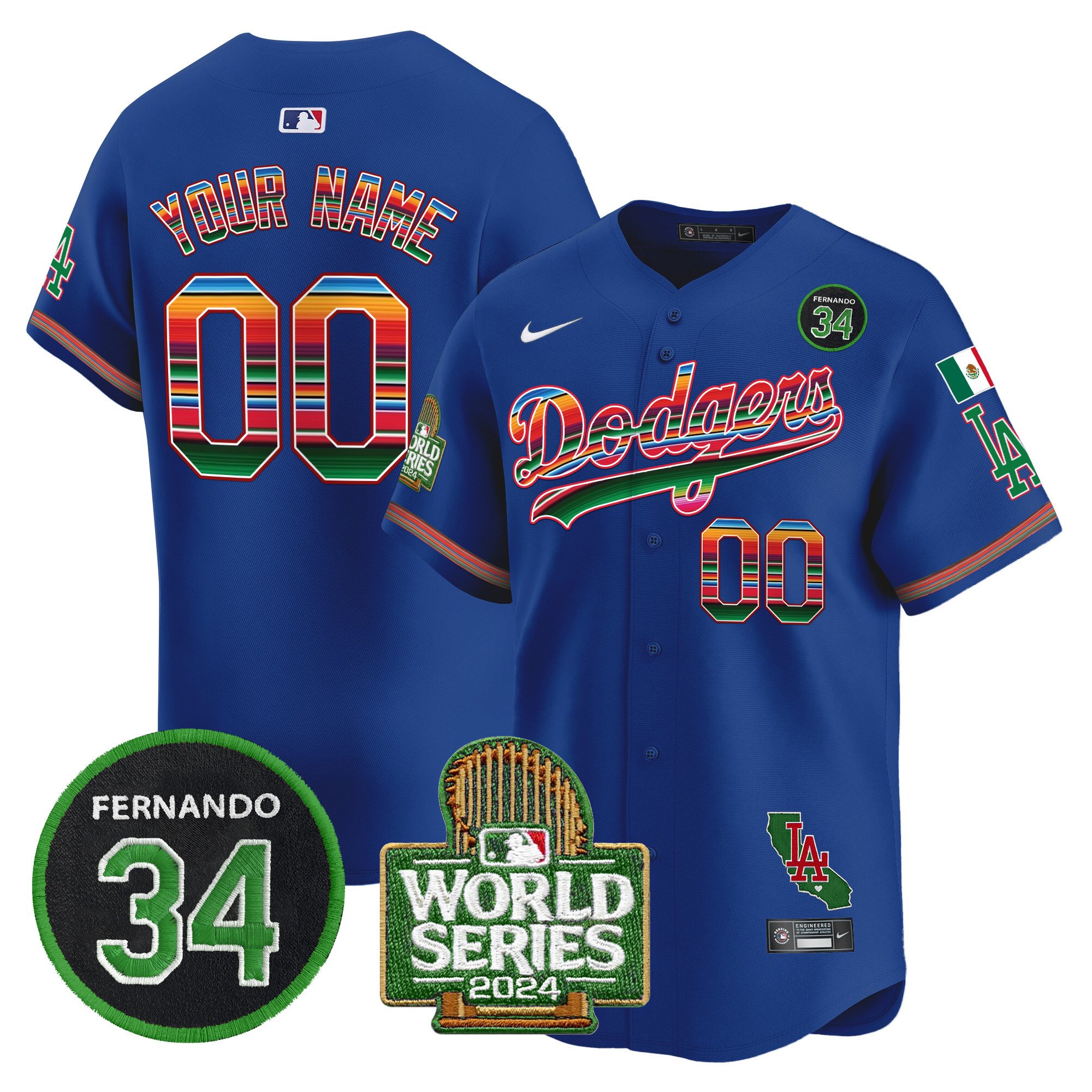 Dodgers Mexico Fernando Memorial & 2024 World Series Patch Vapor Premier Limited Custom Jersey - All Stitched