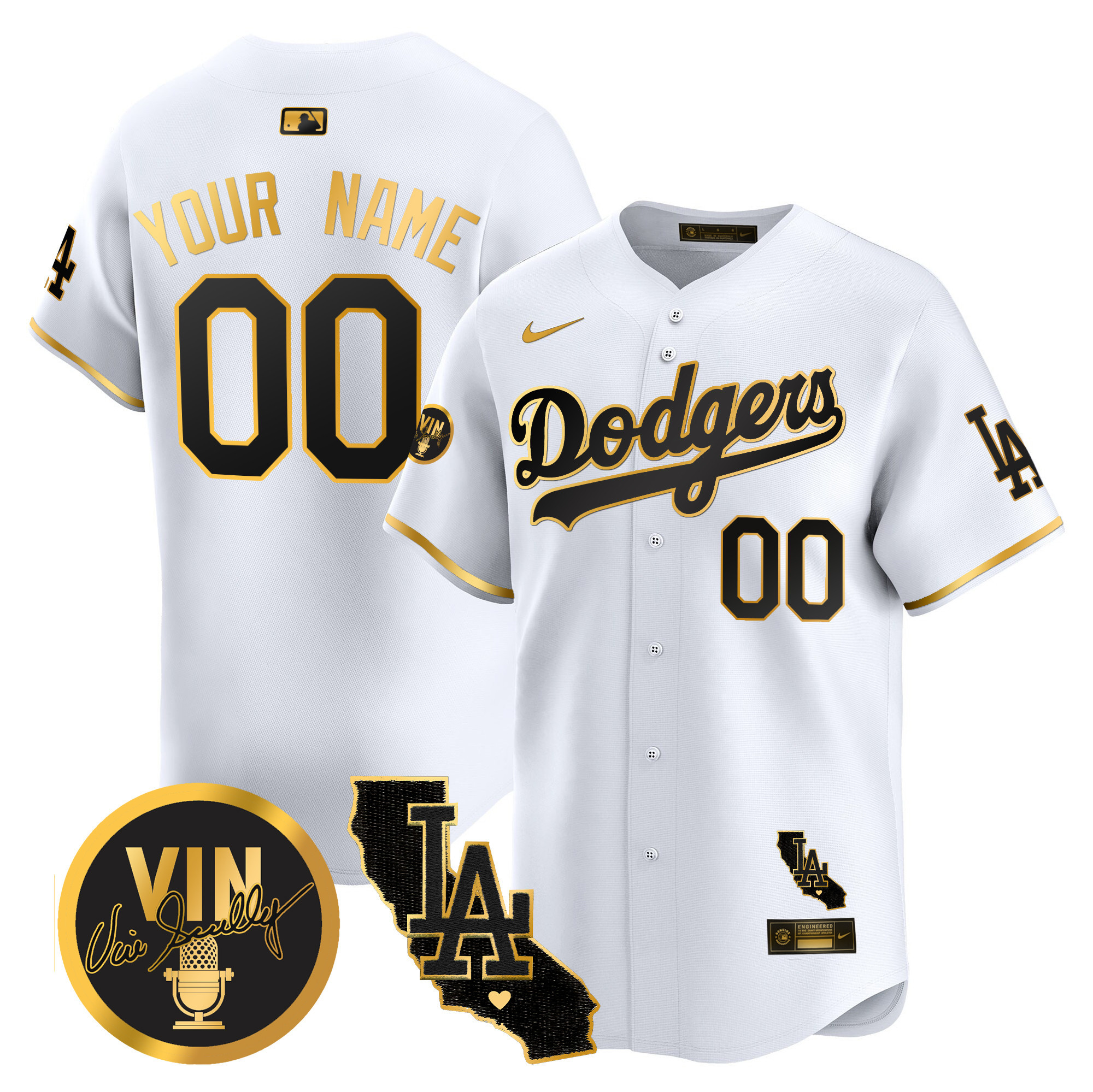 Dodgers Vin & California Patch Gold Vapor Premier Limited Custom Jersey - All Stitched