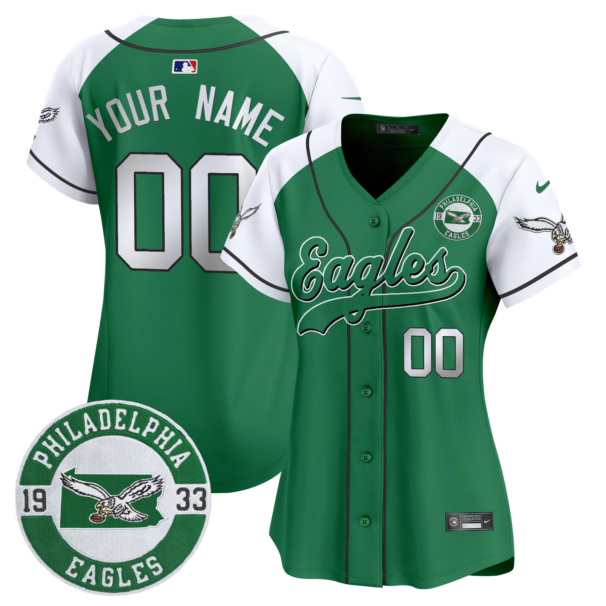 Eagles Est. 1933 Patch Patch Kelly Green Vapor Baseball Custom Jersey - All Stitched