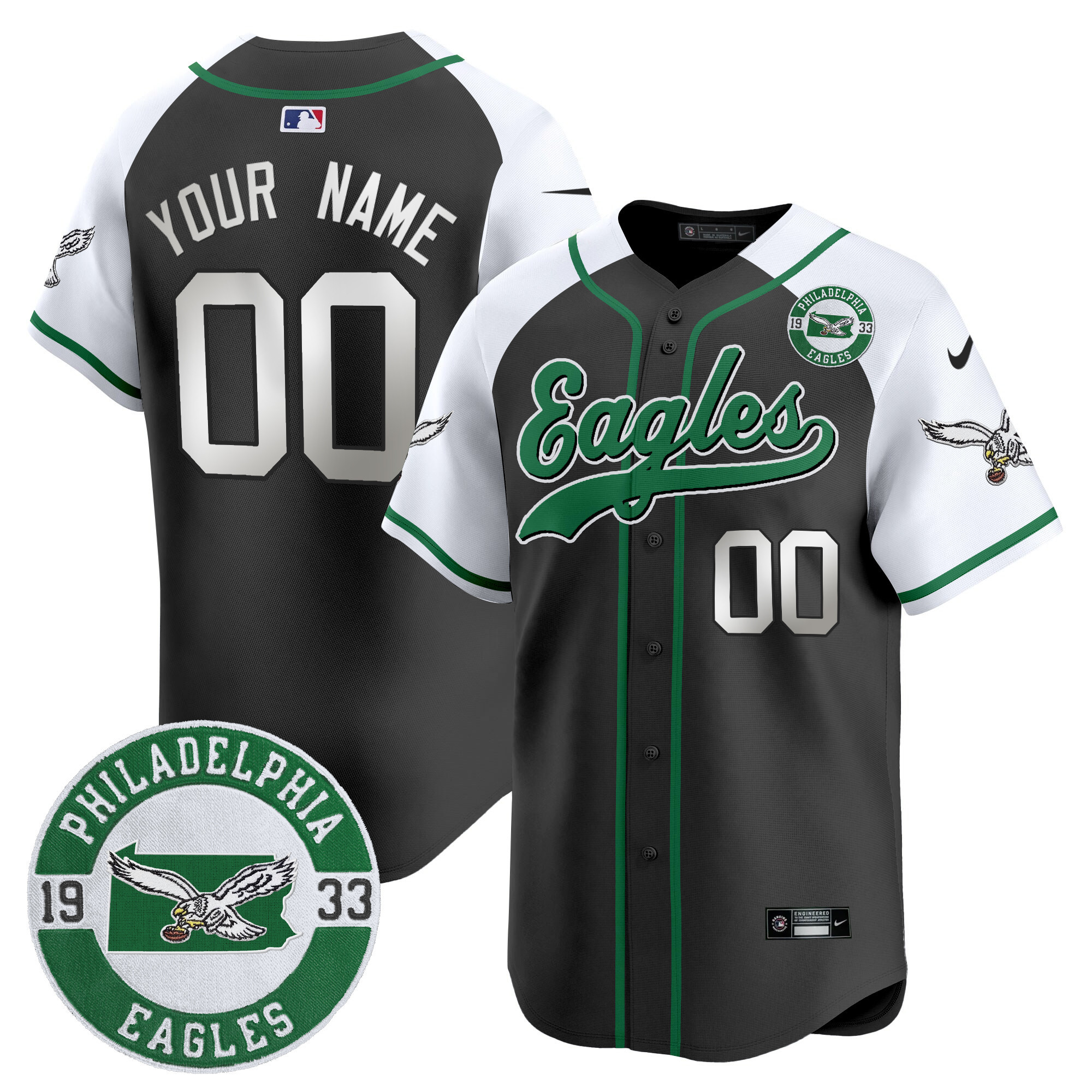 Eagles Est. 1933 Patch Patch Kelly Green Vapor Baseball Custom Jersey - All Stitched