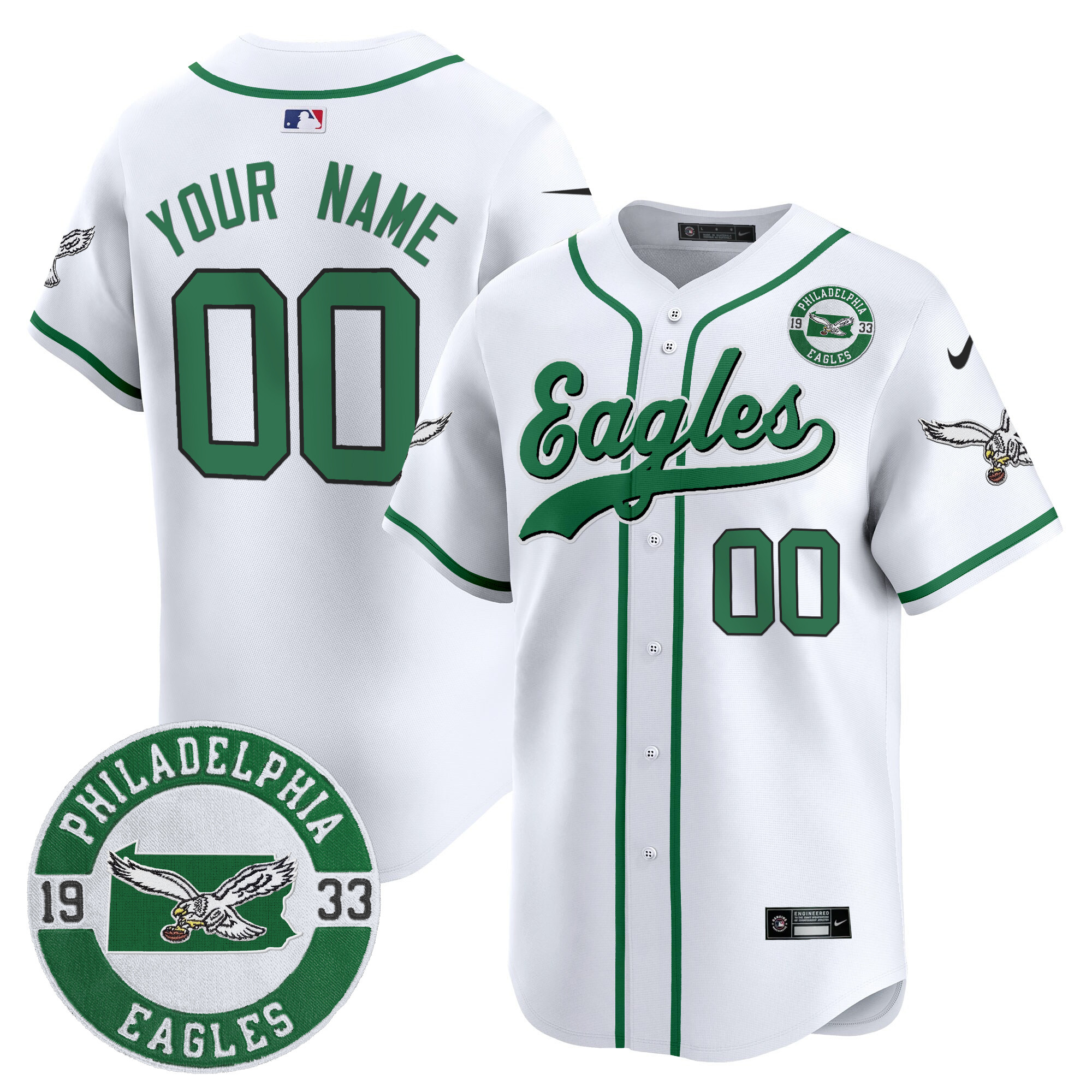 Eagles Est. 1933 Patch Patch Kelly Green Vapor Baseball Custom Jersey - All Stitched