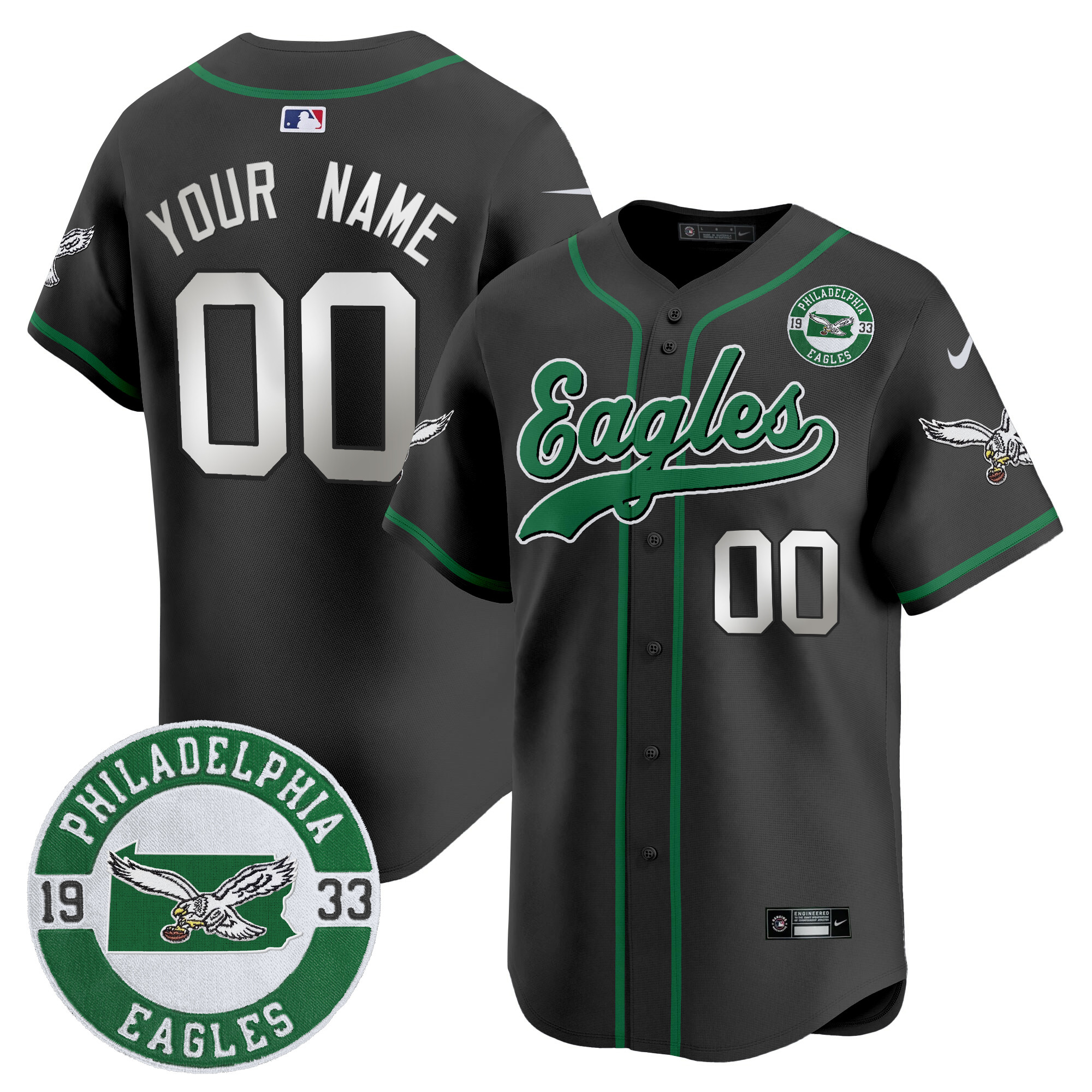 Eagles Est. 1933 Patch Patch Kelly Green Vapor Baseball Custom Jersey - All Stitched