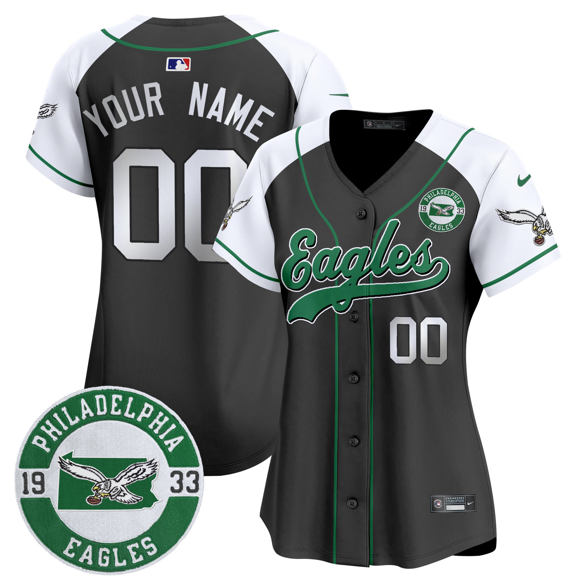 Eagles Est. 1933 Patch Patch Kelly Green Vapor Baseball Custom Jersey - All Stitched