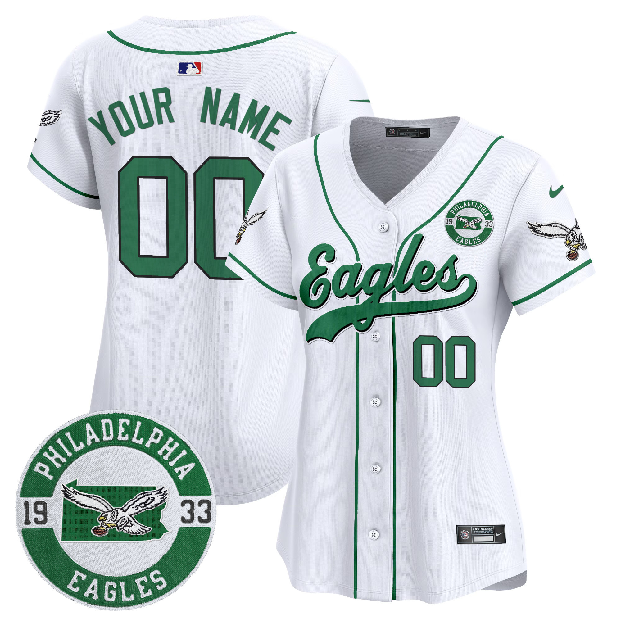 Eagles Est. 1933 Patch Patch Kelly Green Vapor Baseball Custom Jersey - All Stitched