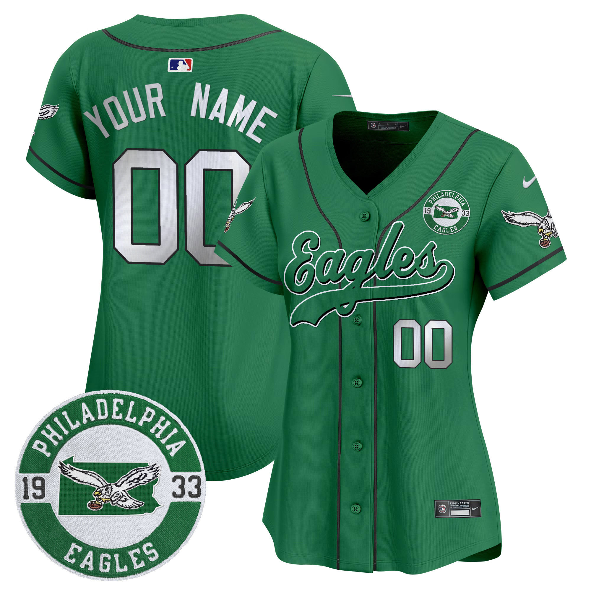 Eagles Est. 1933 Patch Patch Kelly Green Vapor Baseball Custom Jersey - All Stitched