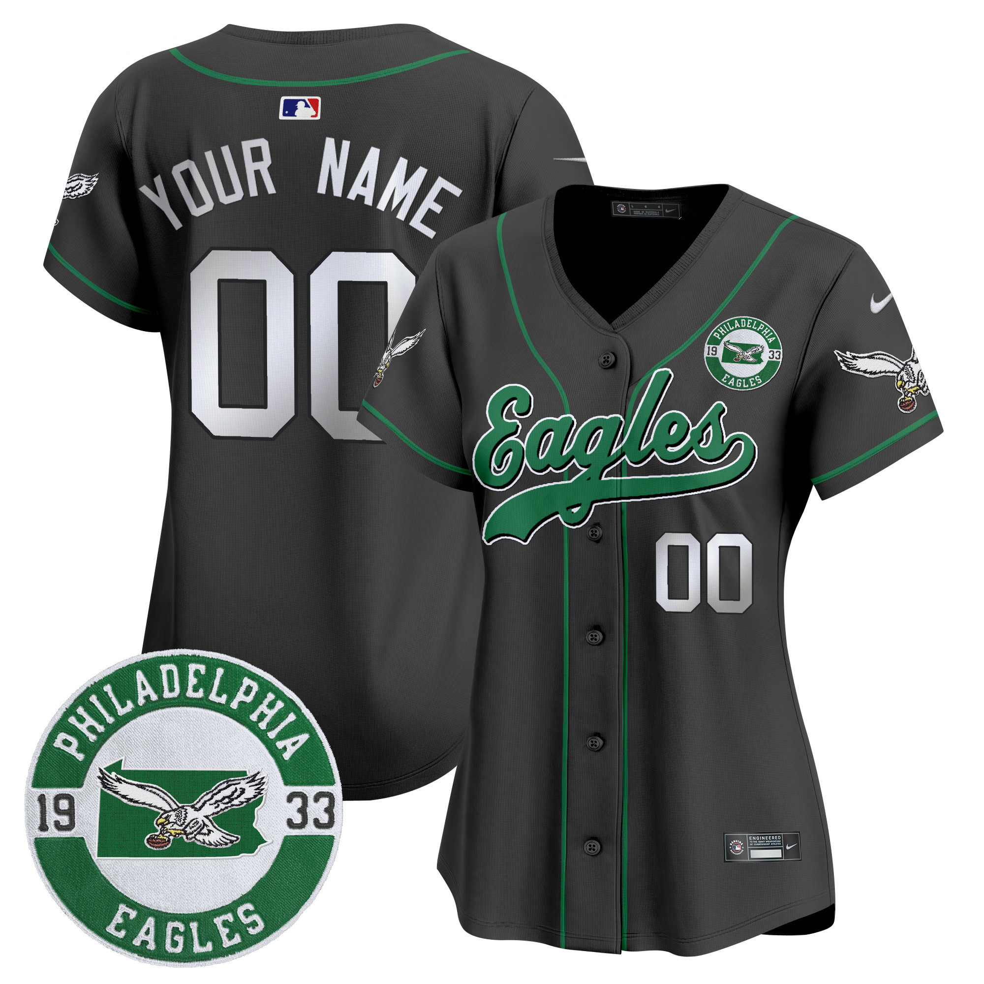 Eagles Est. 1933 Patch Patch Kelly Green Vapor Baseball Custom Jersey - All Stitched