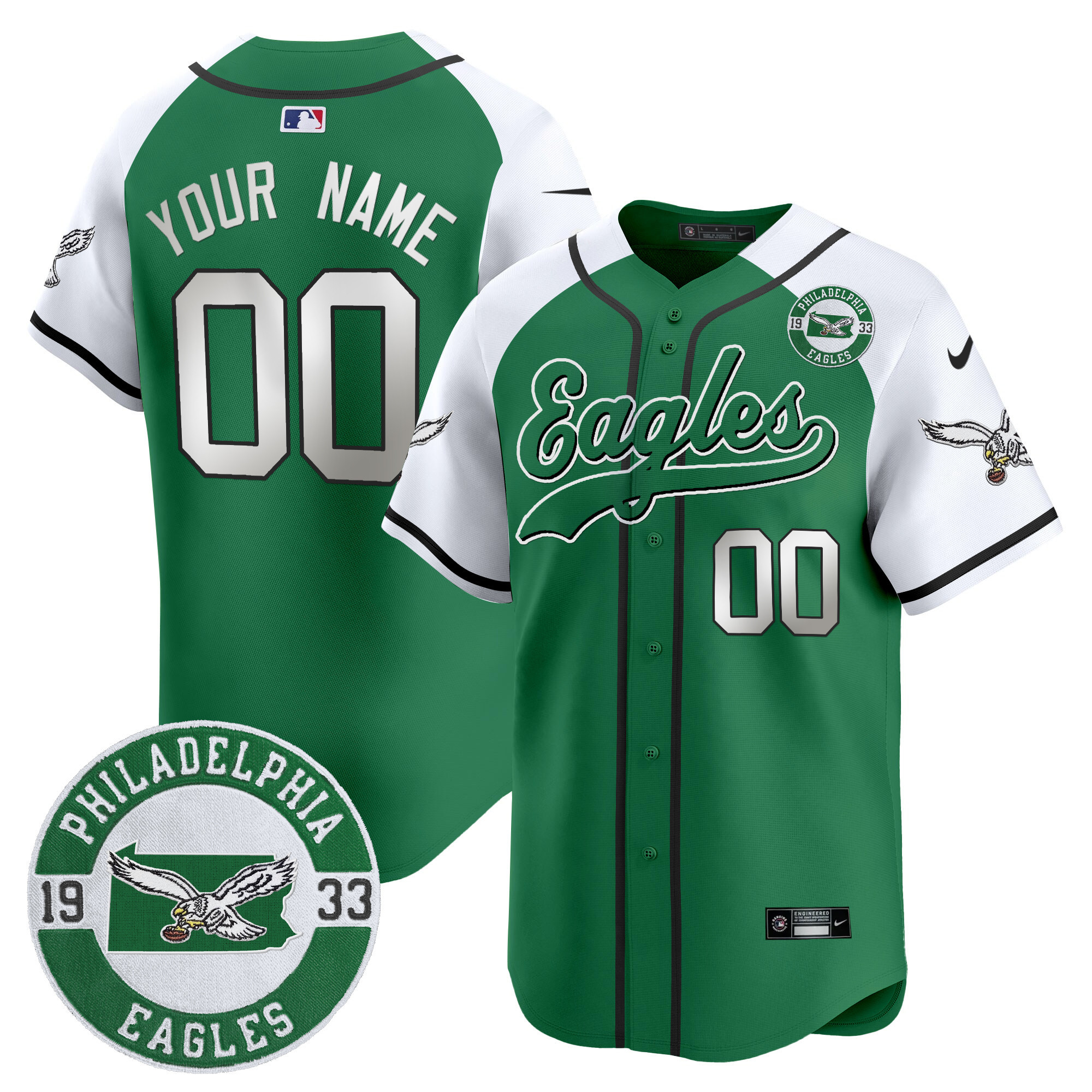 Eagles Est. 1933 Patch Patch Kelly Green Vapor Baseball Custom Jersey - All Stitched