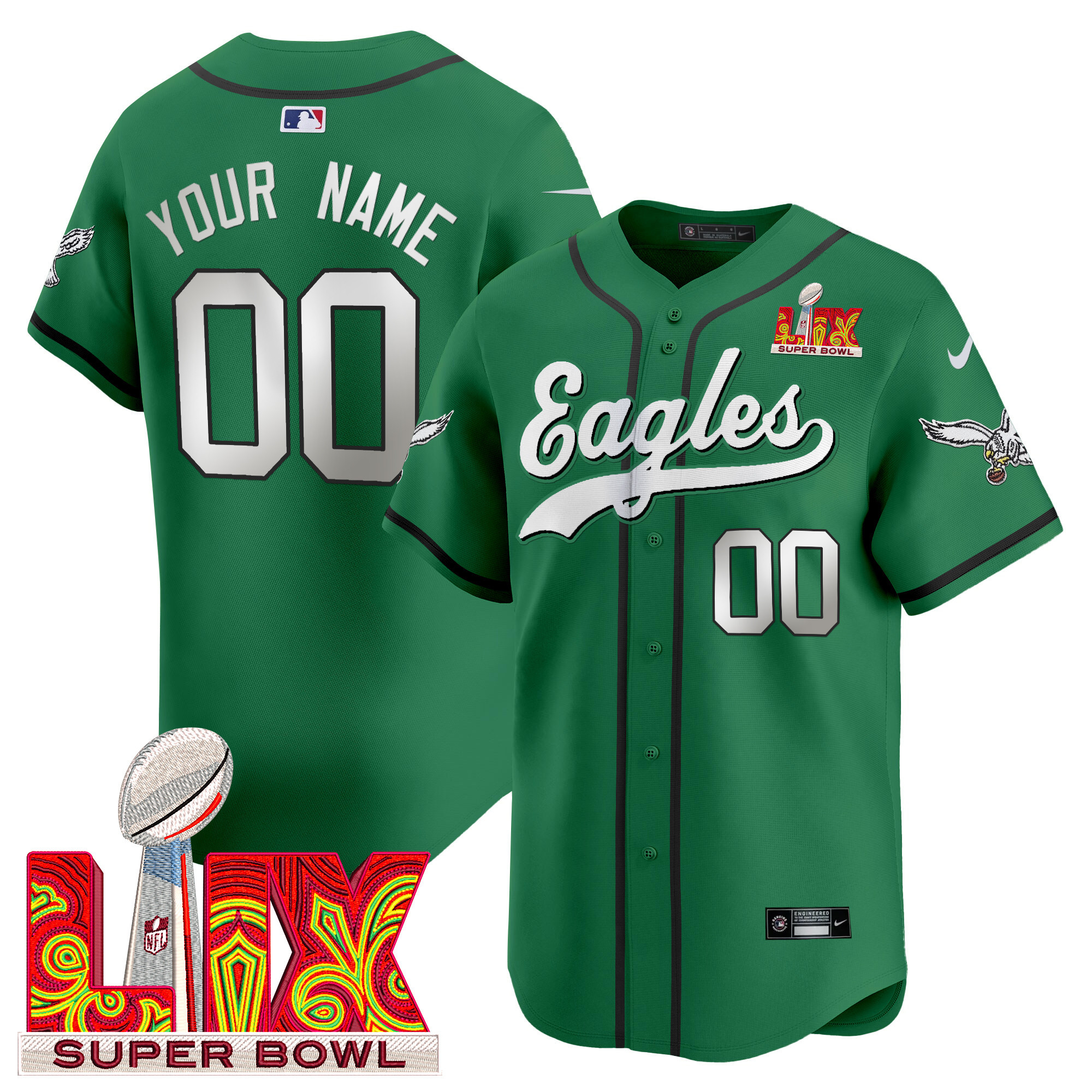 Eagles Super Bowl LIX Patch Kelly Green Vapor Baseball Custom Jersey V2 - All Stitched
