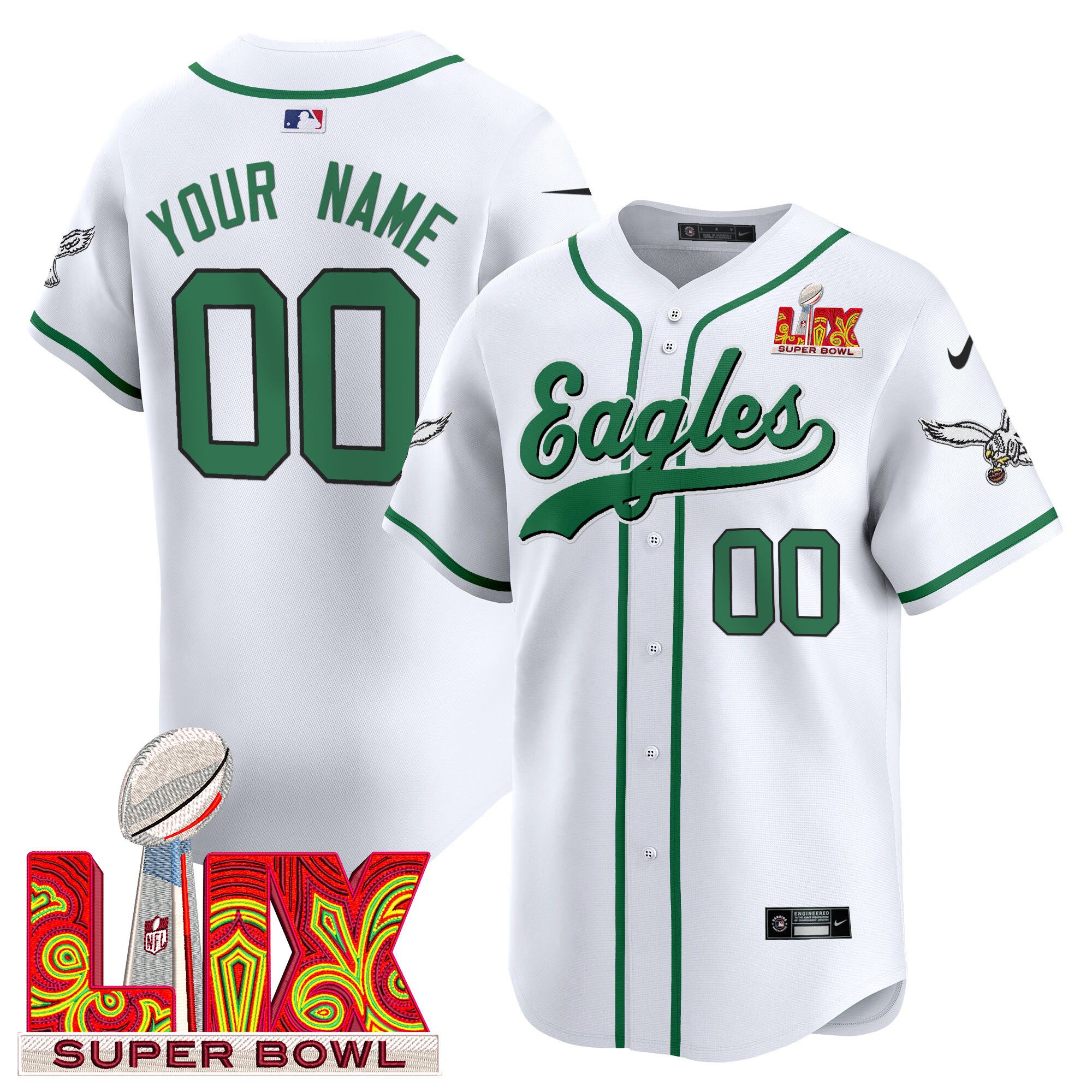 Eagles Super Bowl LIX Patch Kelly Green Vapor Baseball Custom Jersey V2 - All Stitched