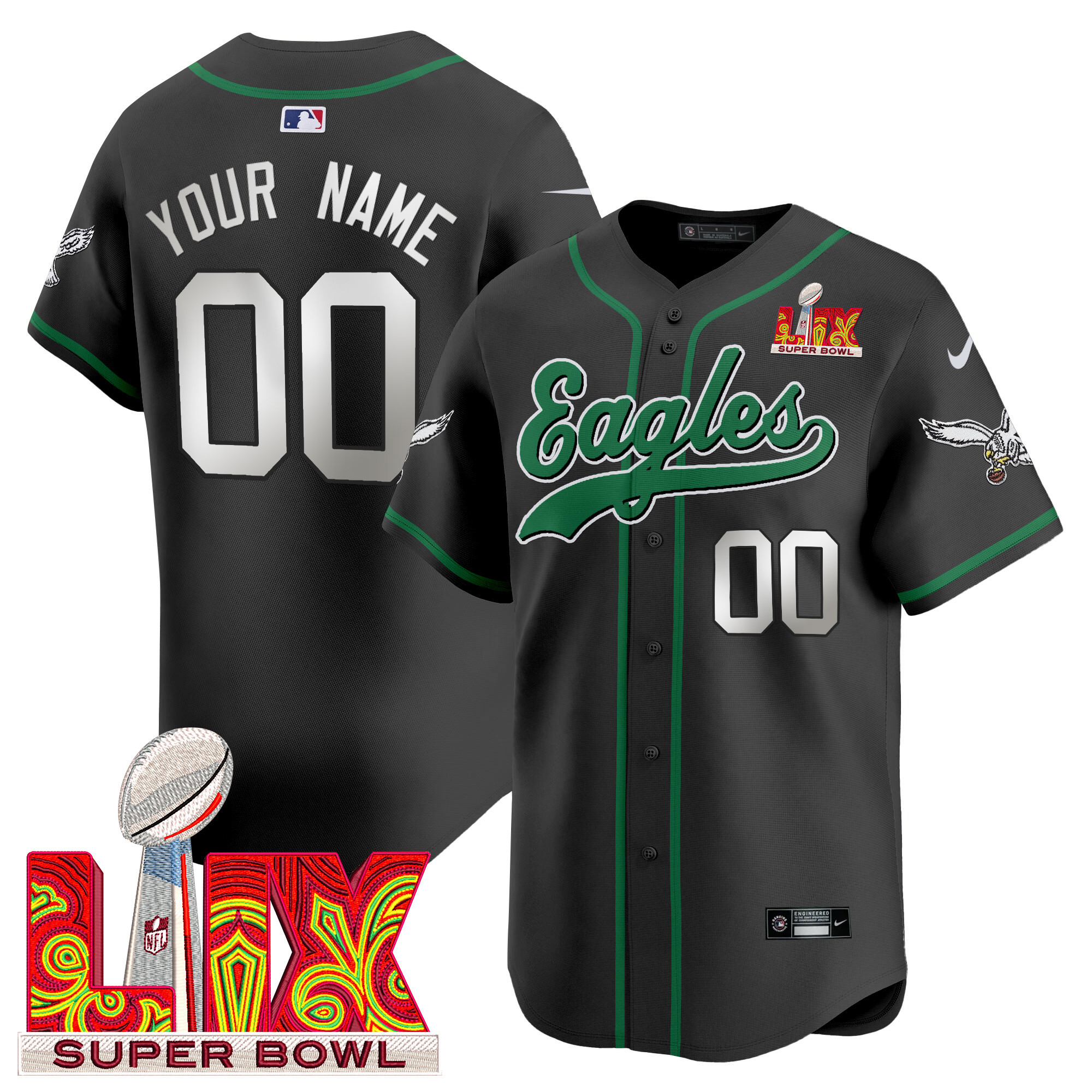 Eagles Super Bowl LIX Patch Kelly Green Vapor Baseball Custom Jersey V2 - All Stitched