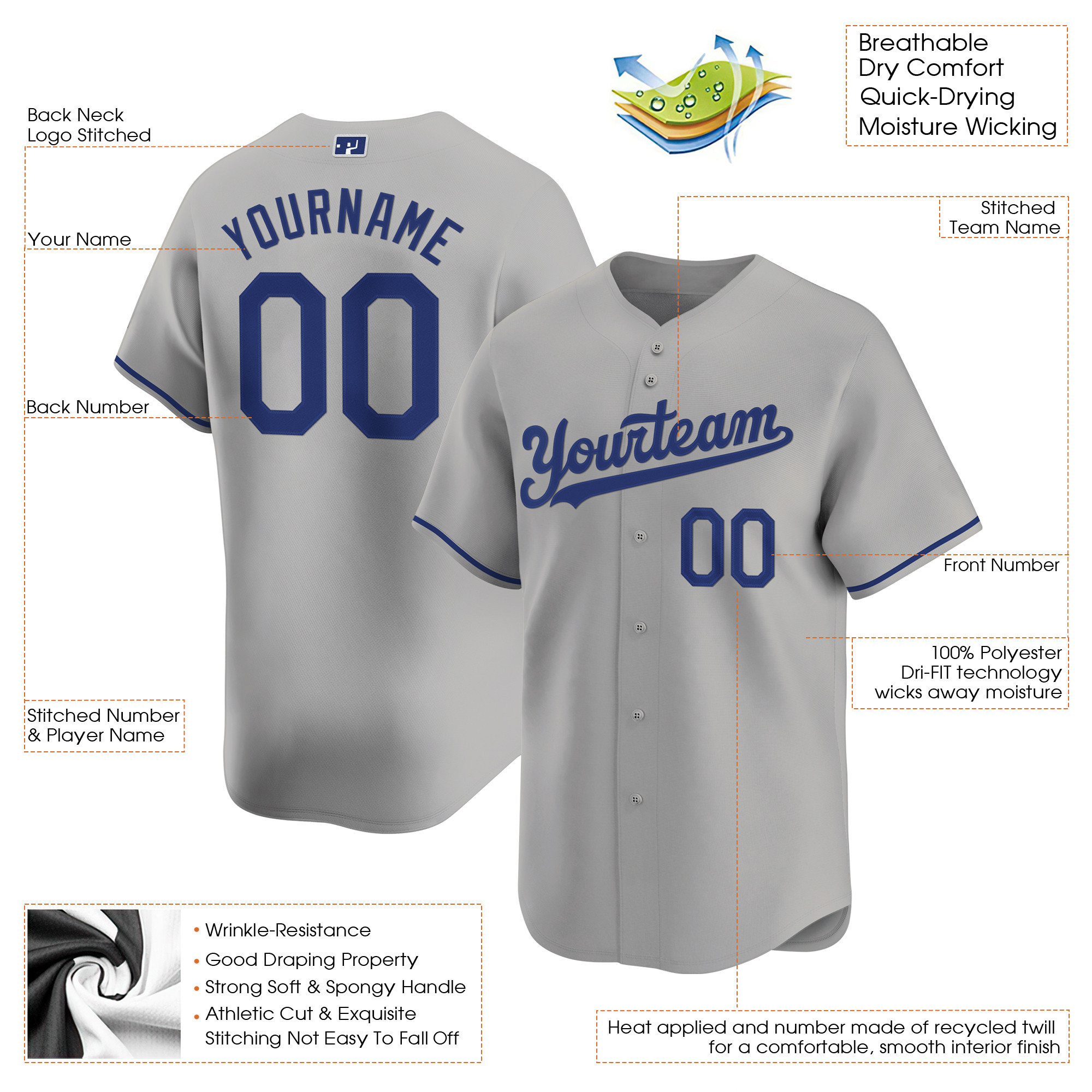 Gray Royal Custom Baseball Jersey