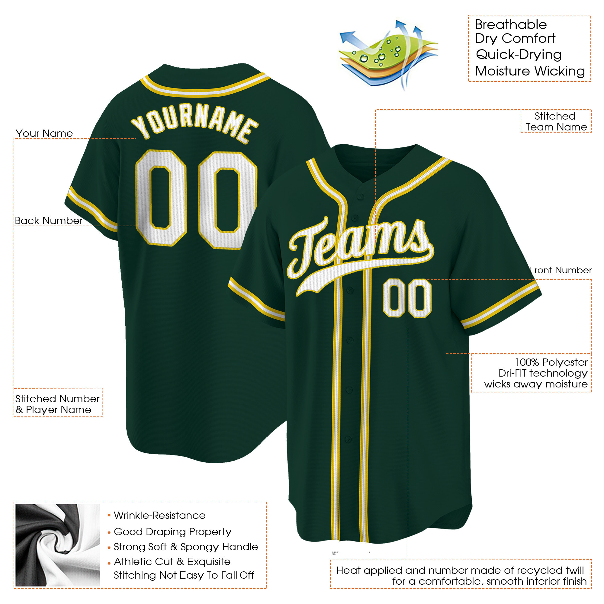 Green White - Gold Custom Baseball Jersey