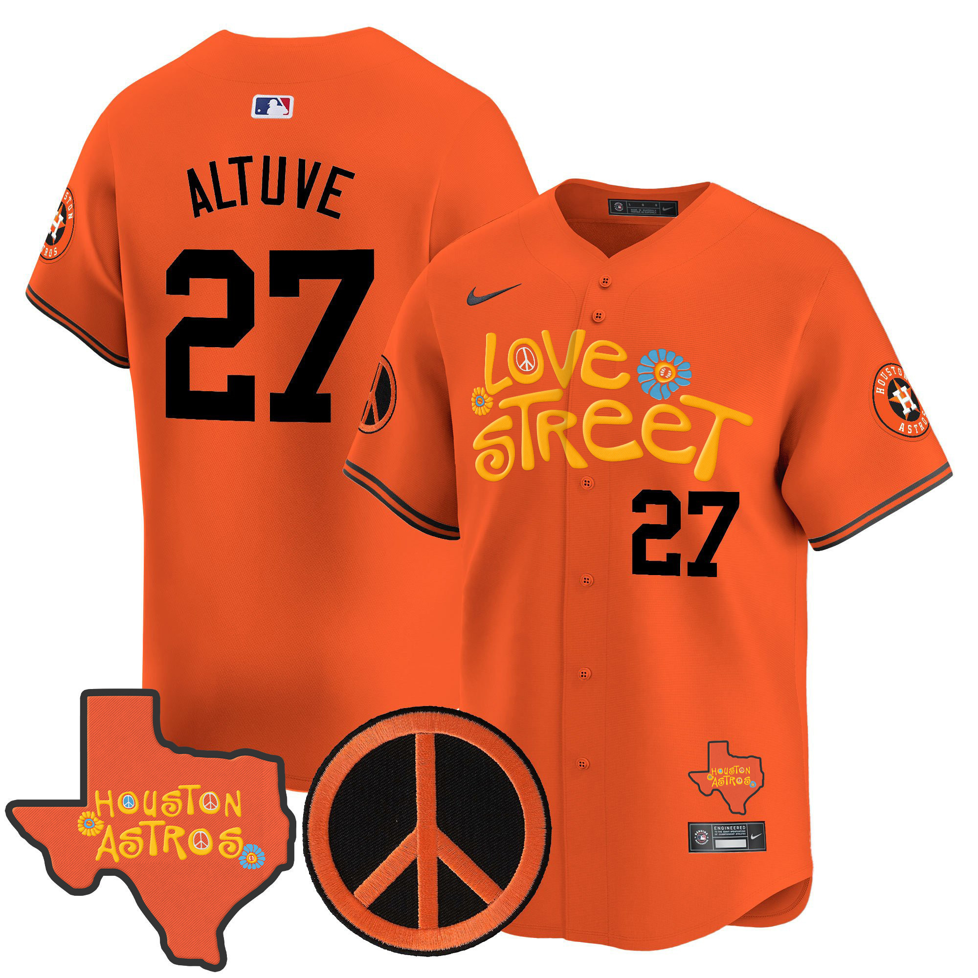 Men's Astros Love Street & Peace Sign Patch Vapor Premier Limited Jersey V3 - All Stitched
