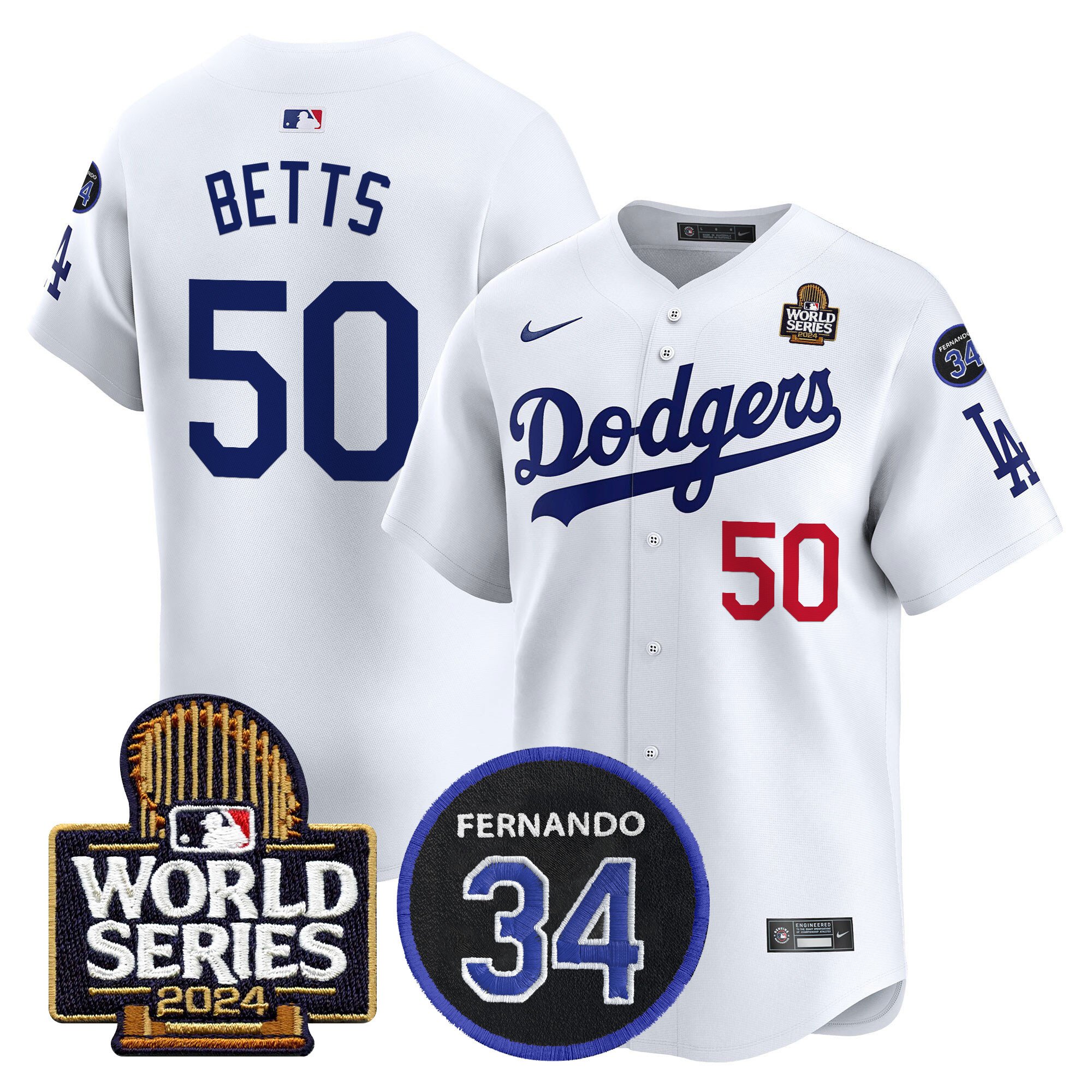 Men's Dodgers Fernando Memorial & 2024 World Series Patch Vapor Premier Limited Jersey V2 - All Stitched