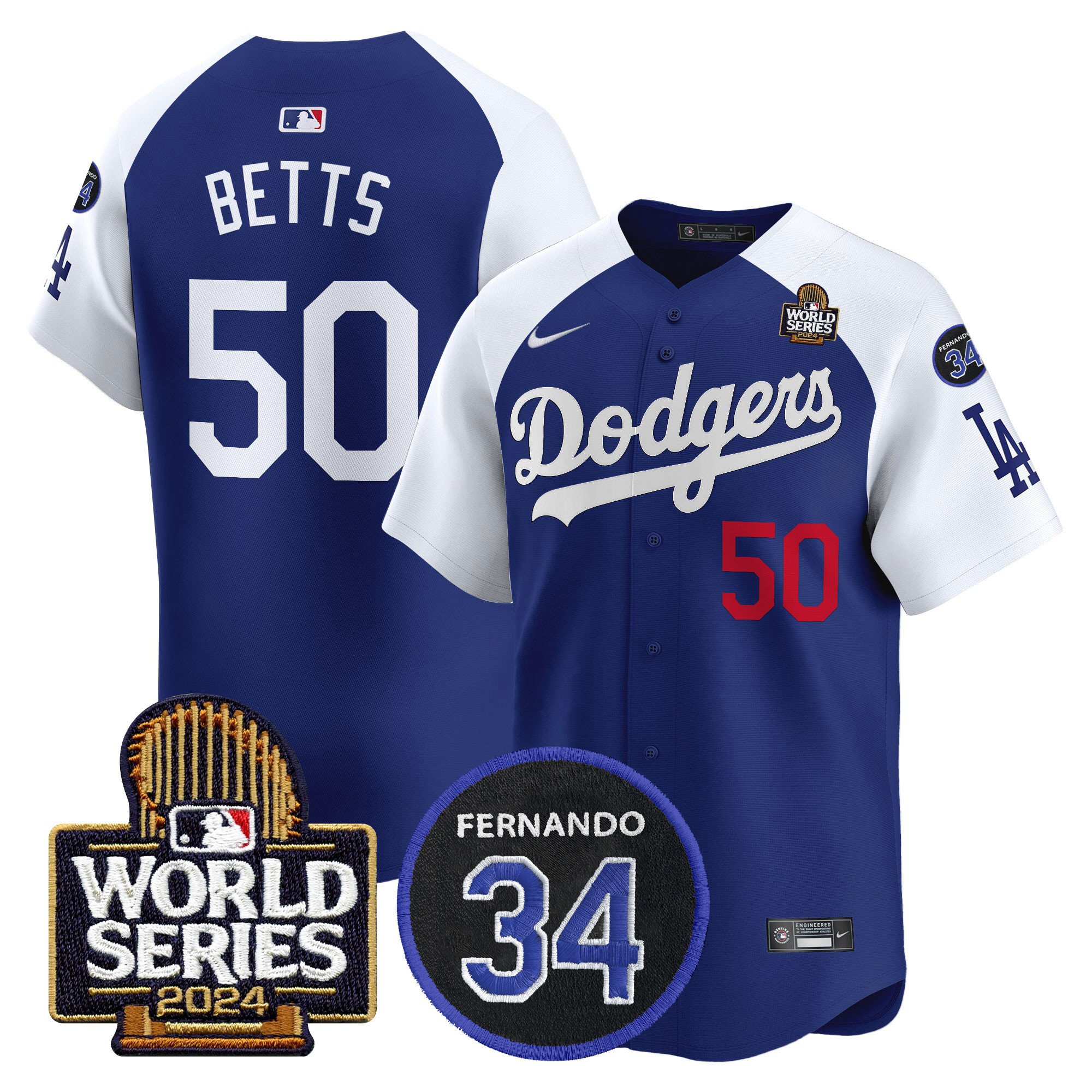 Men's Dodgers Fernando Memorial & 2024 World Series Patch Vapor Premier Limited Jersey V2 - All Stitched