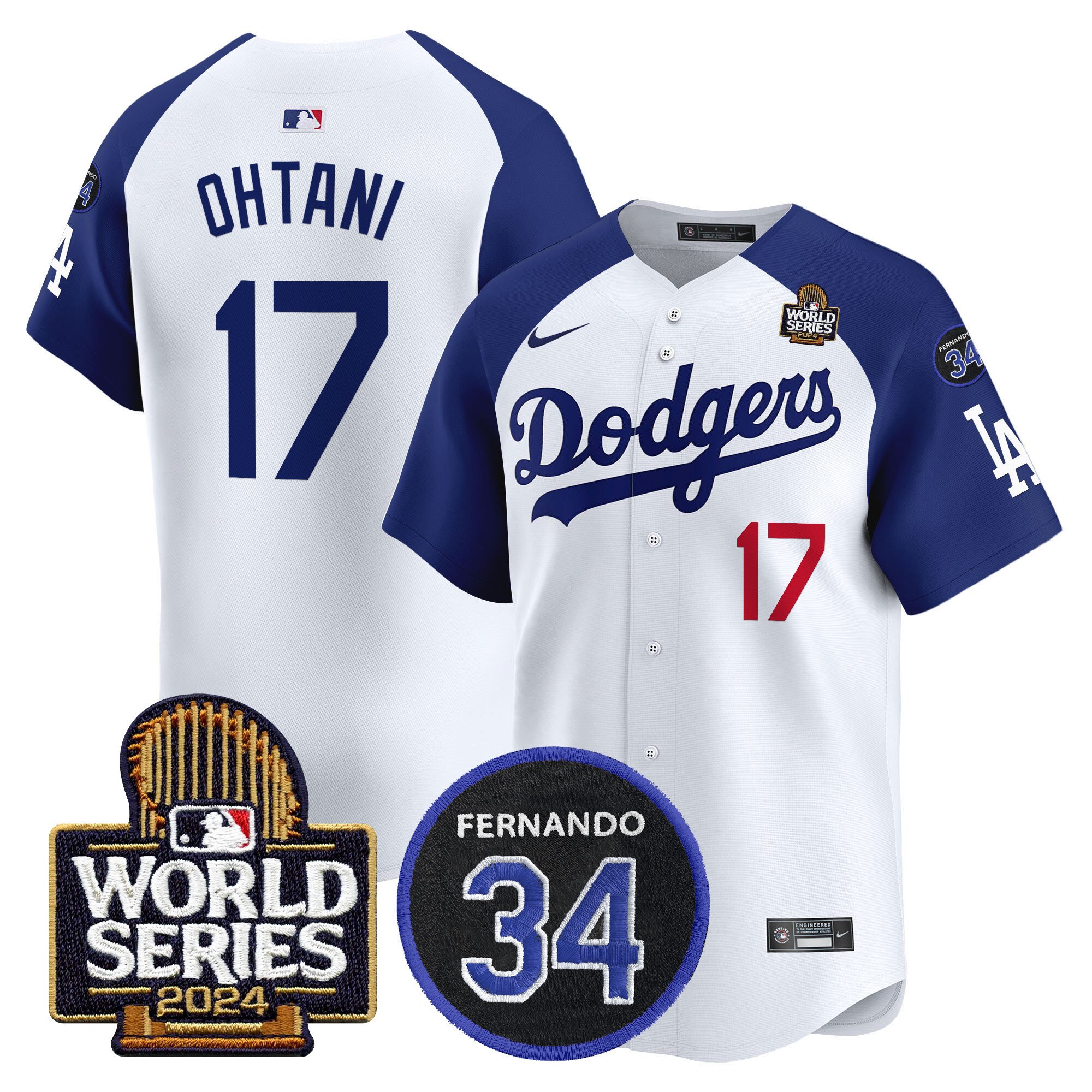 Men's Dodgers Fernando Memorial & 2024 World Series Patch Vapor Premier Limited Jersey V2 - All Stitched