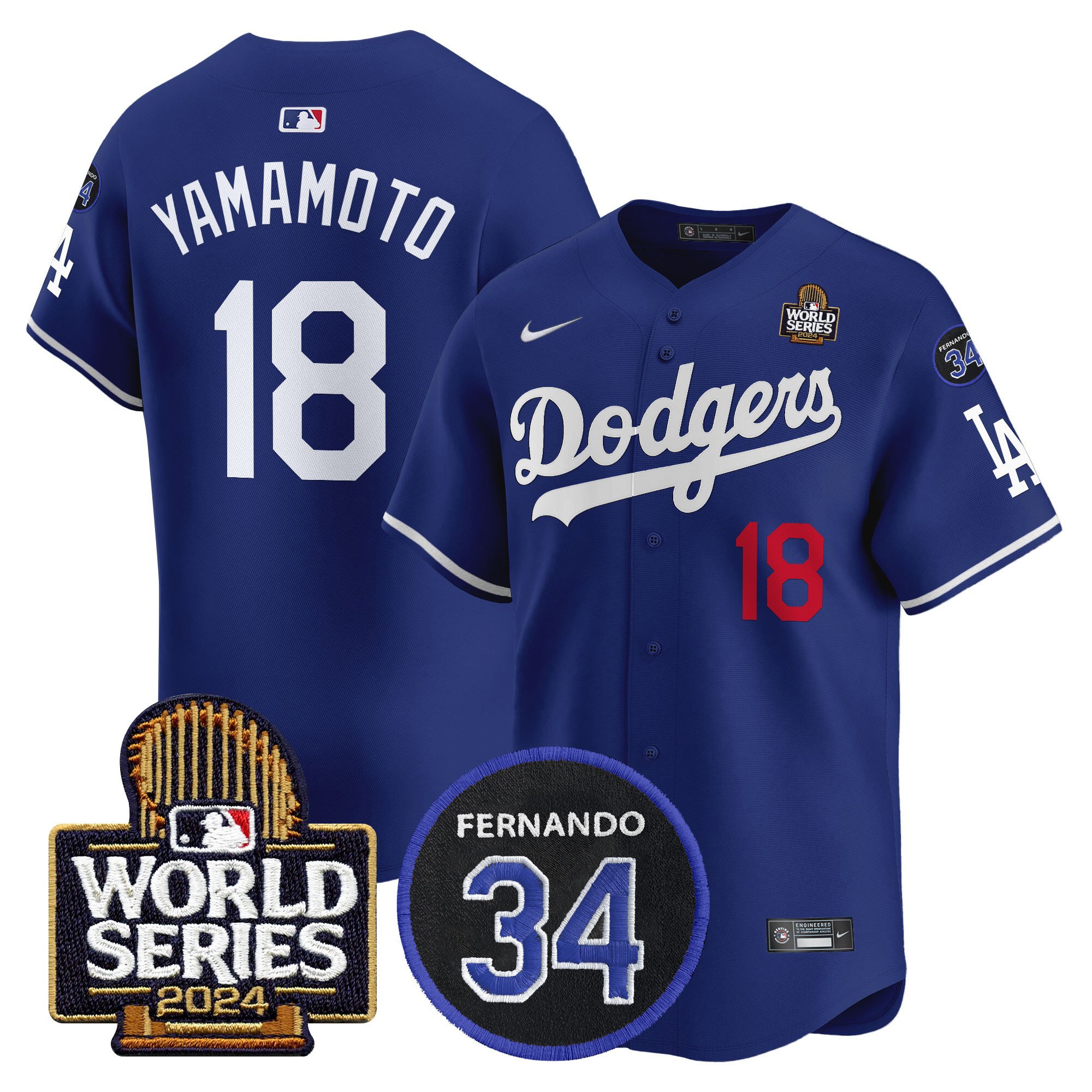 Men's Dodgers Fernando Memorial & 2024 World Series Patch Vapor Premier Limited Jersey V2 - All Stitched