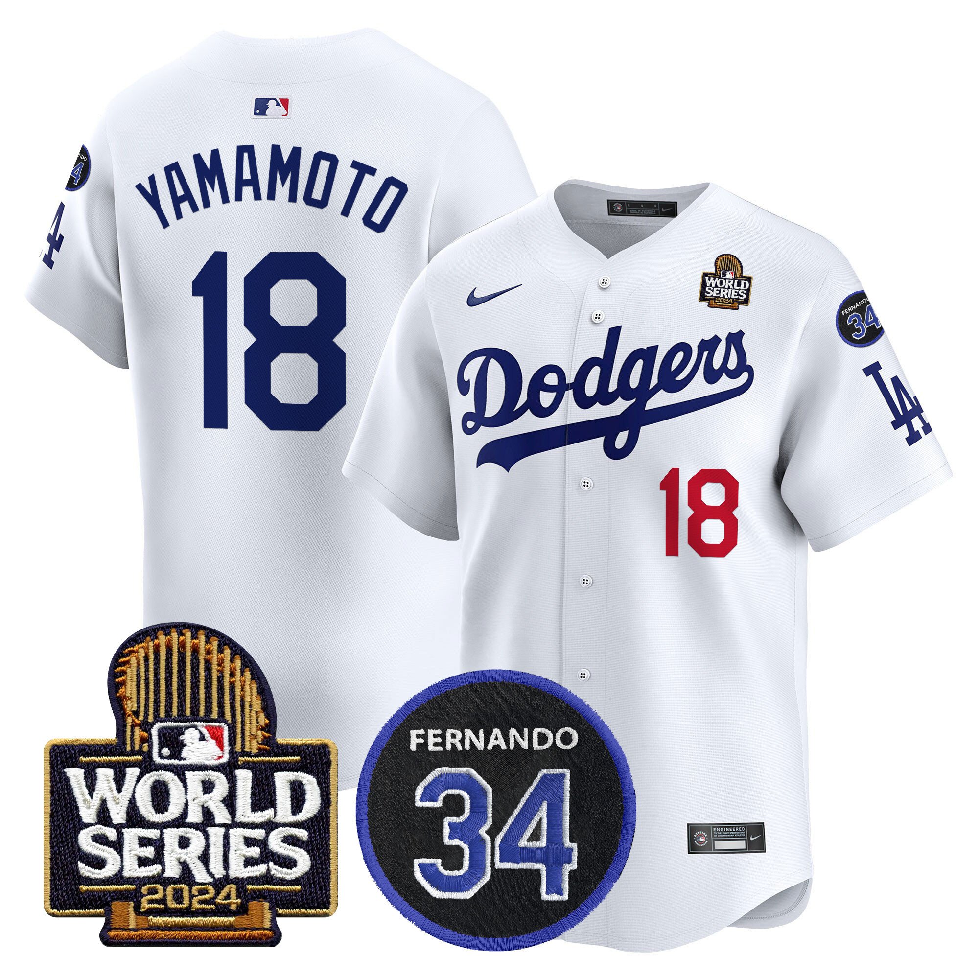 Men's Dodgers Fernando Memorial & 2024 World Series Patch Vapor Premier Limited Jersey V2 - All Stitched