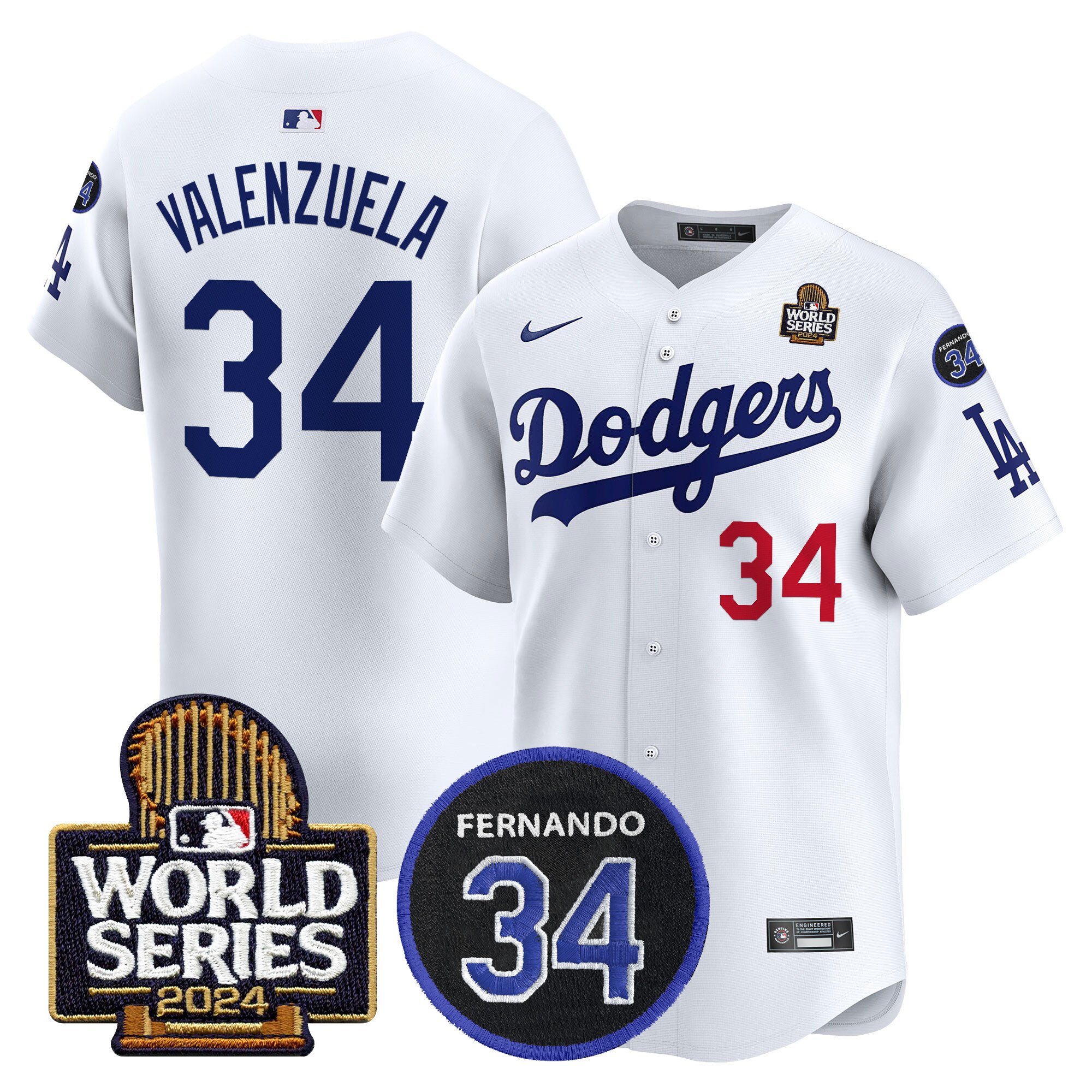Men's Dodgers Fernando Memorial & 2024 World Series Patch Vapor Premier Limited Jersey V2 - All Stitched