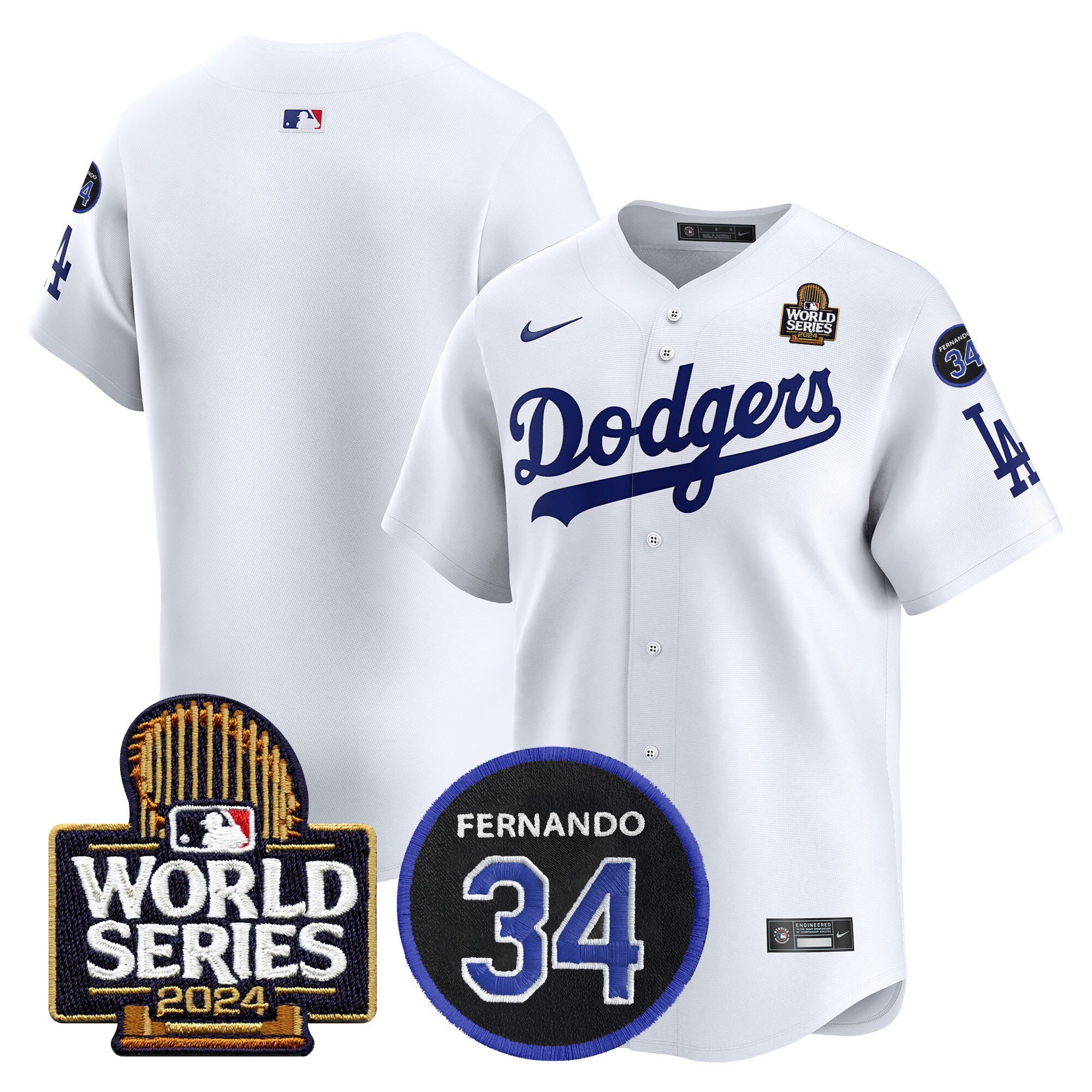 Men's Dodgers Fernando Memorial & 2024 World Series Patch Vapor Premier Limited Jersey V2 - All Stitched