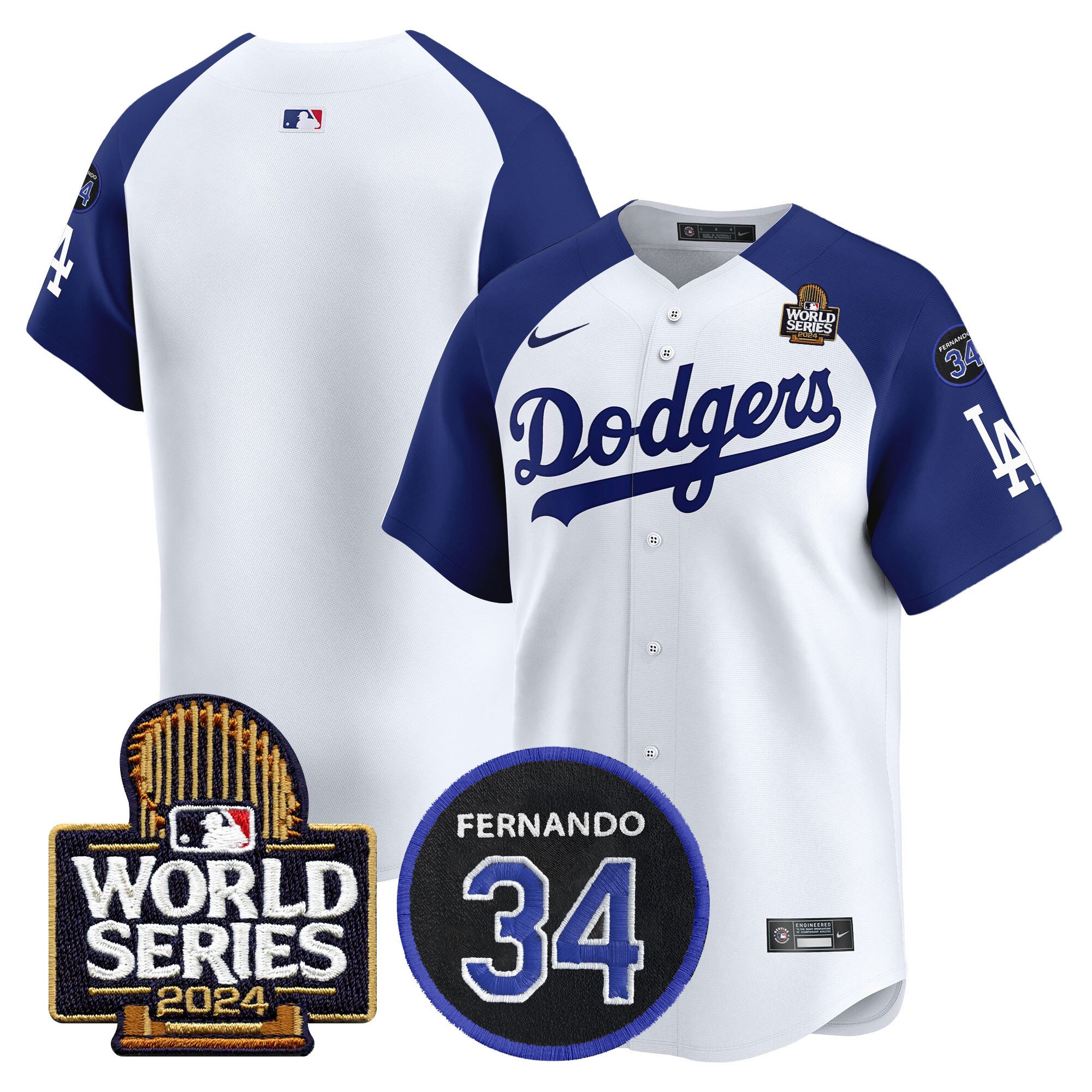 Men's Dodgers Fernando Memorial & 2024 World Series Patch Vapor Premier Limited Jersey V2 - All Stitched