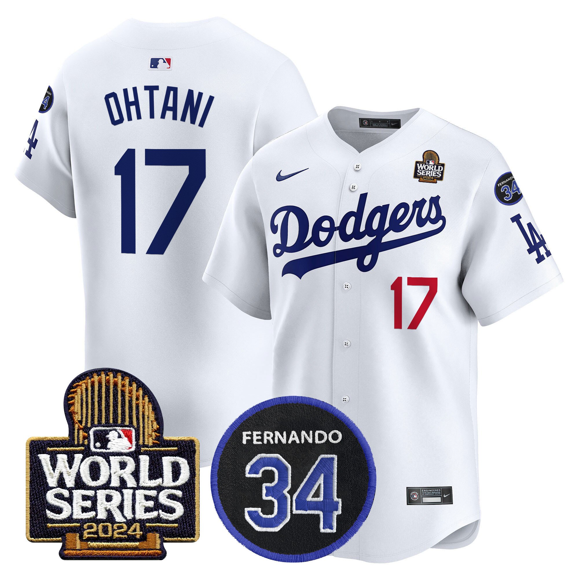 Men's Dodgers Fernando Memorial & 2024 World Series Patch Vapor Premier Limited Jersey V2 - All Stitched